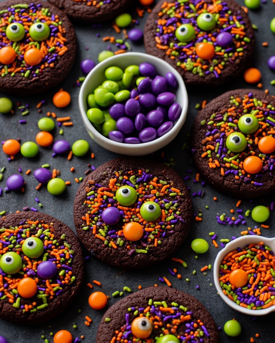 A close-up view of round black cookies densely placed together on a white marbled surface. Each cookie has colorful decorations: scattered orange, green, and purple sprinkles, purple, green, and orange candy buttons, and two white candy eyes with black pupils positioned near the center. The black cookies have a rough, slightly bumpy texture that contrasts with the glossy smoothness of the candy buttons and eyes. The arrangement is tight, making the cookies almost overlap. photo taken with an iphone --ar 4:5 --v 7