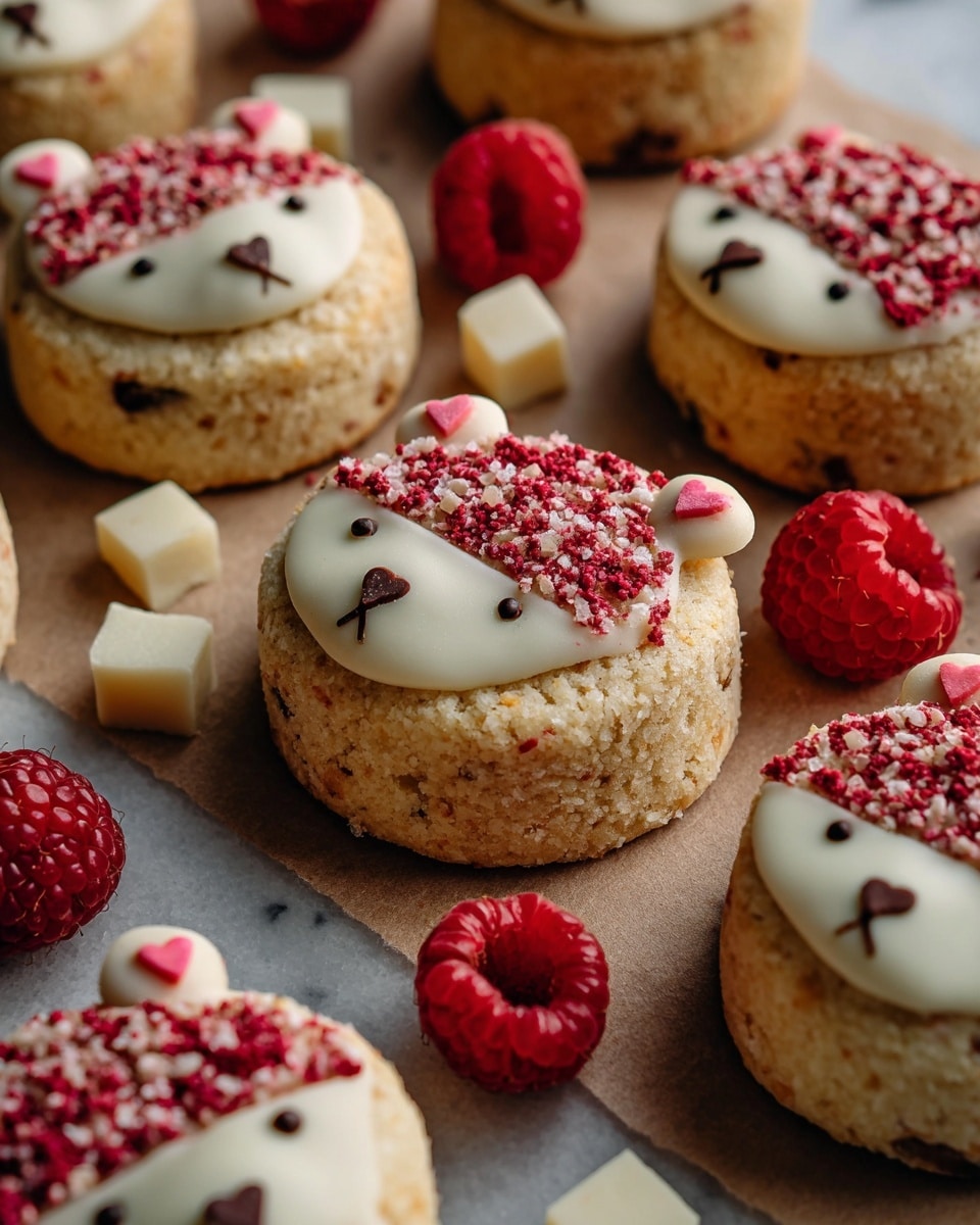 A close-up image shows a white chocolate covered cookie topped with small red bits, held by a woman's hands wearing two delicate rings, one with a small butterfly and the other with a pearl on a gold band, wrapped partially in brown paper with cute bear faces and heart prints. Behind it, there are more cookies, including a plain cookie with white chocolate drops and a few white chocolate cookies topped with red bits, all placed on a surface with fresh raspberries and scattered white chocolate pieces on a white marbled texture. The lighting is soft and natural, highlighting the textures and colors of the cookies and raspberries. photo taken with an iphone --ar 4:5 --v 7