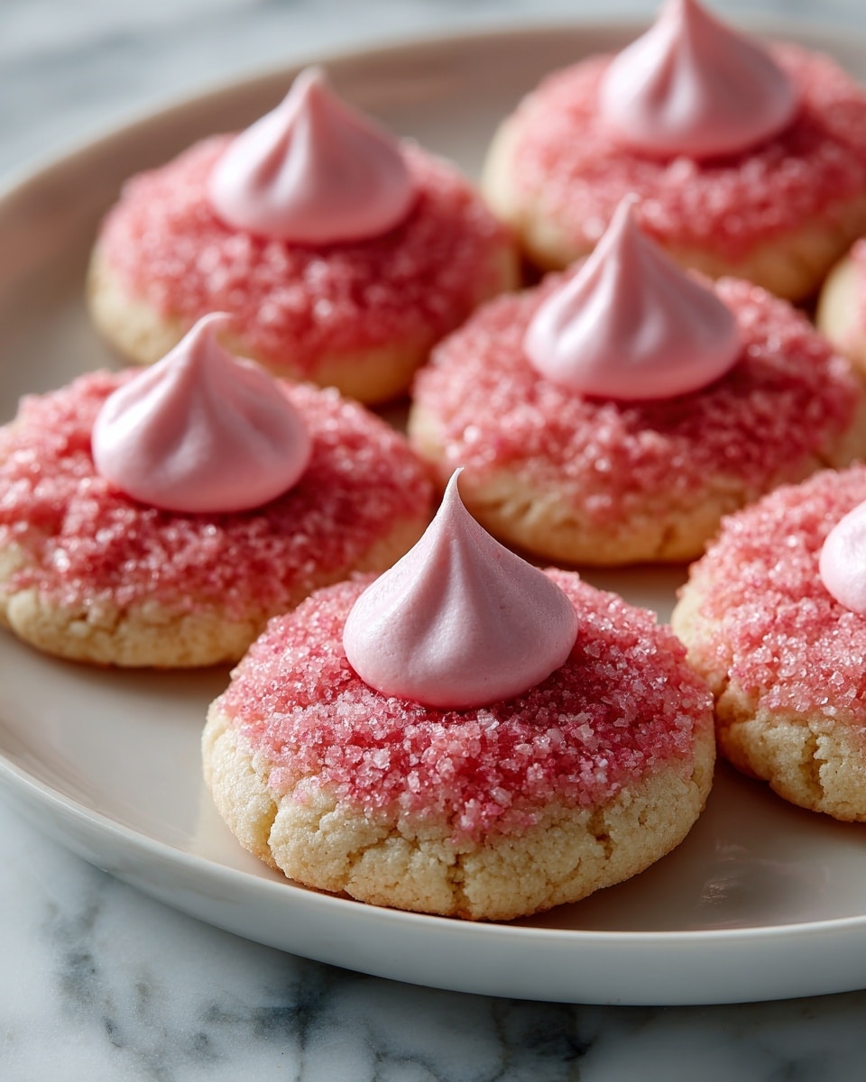 The image shows a plate with pink round cookies that have a rough and textured surface. Each cookie has two layers: the outer ring is a darker pink with a grainy texture, and the inner dollop is a smooth, lighter pink shaped like a small peak in the center of the cookie. The cookies are stacked closely on a white plate, which rests on a white marbled surface. The overall look is bright and colorful with clear contrast between the two pink shades. photo taken with an iphone --ar 4:5 --v 7