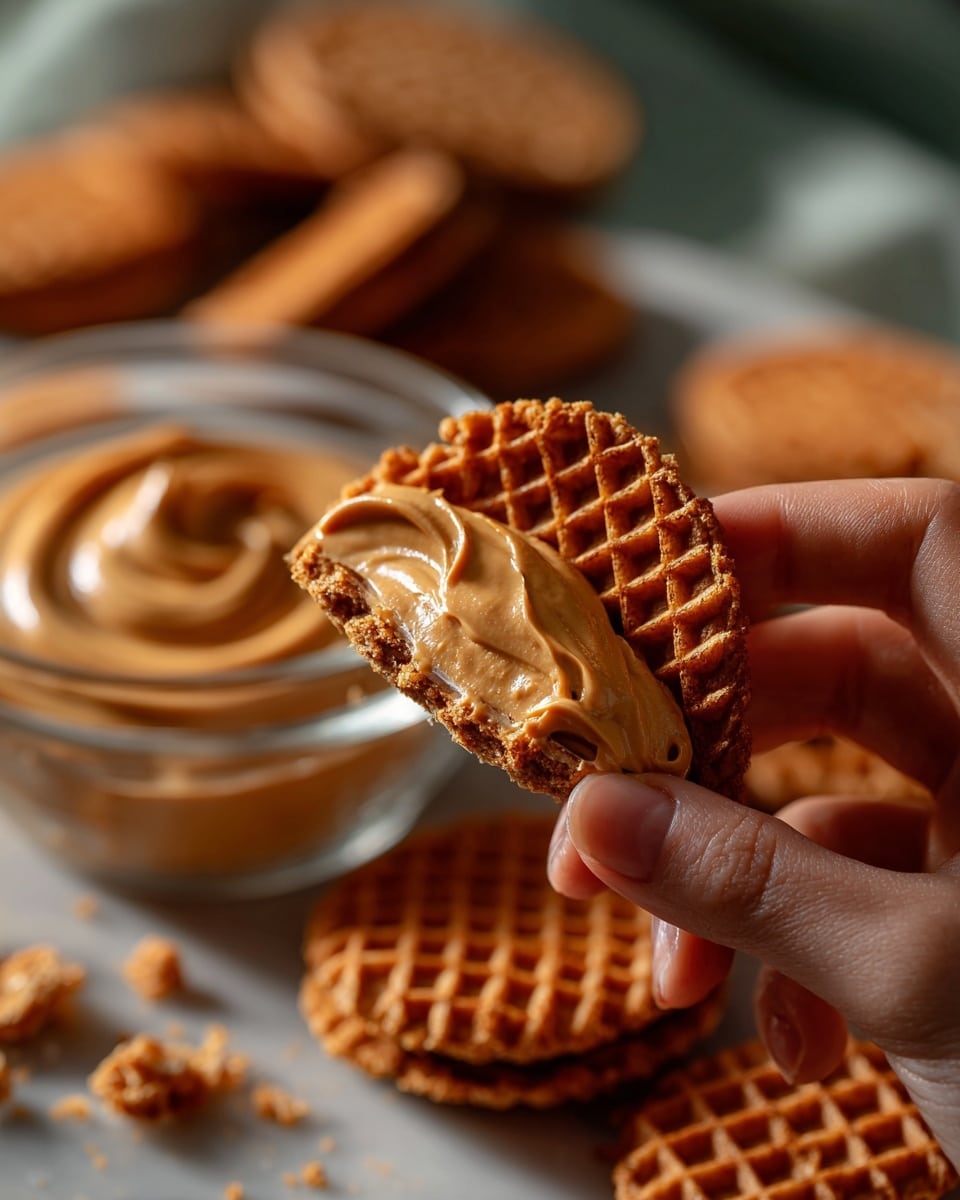 A woman's hand holds a rectangular dessert bar with three visible layers: the bottom crust is a crumbly golden brown, the middle layer is thick, fluffy, and creamy white, and the top layer is a smooth caramel-colored spread with small crumbs on the edges. A golden spoon lifts a portion from the bottom right corner, showing the airy texture of the creamy middle. In the background, there are more caramel-colored treats scattered on a white marbled surface. The photo taken with an iphone --ar 4:5 --v 7