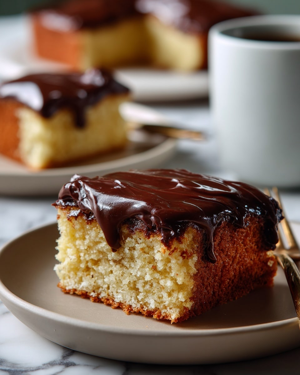 A square piece of yellow cake with a soft crumb texture topped with a thick, smooth layer of shiny dark chocolate frosting that slightly drips down the sides. The cake is placed on a plain white plate with rounded edges, set against a white marbled surface. In the background, there is a blurry second plate with another piece of the same cake and a white mug, adding to the cozy setting. photo taken with an iphone --ar 4:5 --v 7