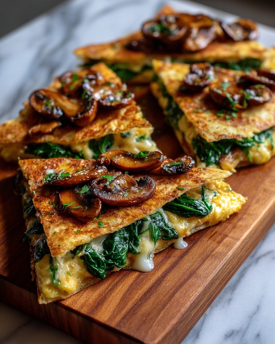 The image shows four triangle-shaped quesadilla slices stacked on a wooden board. Each slice has a lightly browned white tortilla on the outside with a crispy texture. Inside, there are layers of melted white cheese with a soft, stretchy appearance, sautéed dark brown mushroom slices, and cooked green leafy spinach. Some mushroom pieces also top the quesadillas. The board rests on a white marbled surface. Photo taken with an iphone --ar 4:5 --v 7