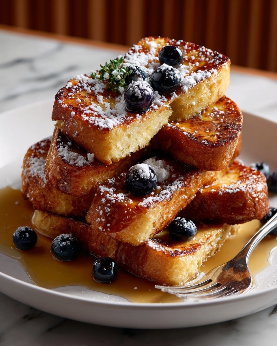 The image shows a white plate with six thick pieces of golden brown French toast stacked closely. The toast pieces have a slightly crisp outside with soft texture and are sprinkled with powdered sugar. Small dark purple blueberries are scattered on top and around the toast. Light amber syrup is drizzled over the toast adding shine and a bit of run-off on the plate. A silver fork rests on the edge of the plate. The background is a white marbled surface with a blurry bottle of syrup visible in the back. photo taken with an iphone --ar 4:5 --v 7