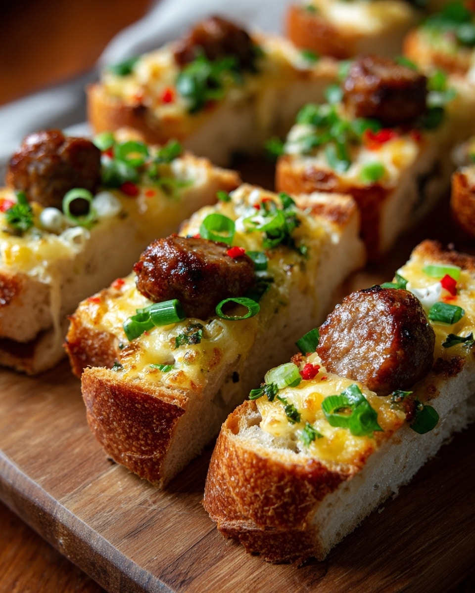 The image shows several pieces of toasted bread cut into rectangles, each topped with melted yellow cheese, two browned sausage slices, and small green onion pieces scattered on top. There are also tiny red pepper bits adding color. The bread has a golden brown crust with a soft white inside, placed on a wooden surface. photo taken with an iphone --ar 4:5 --v 7