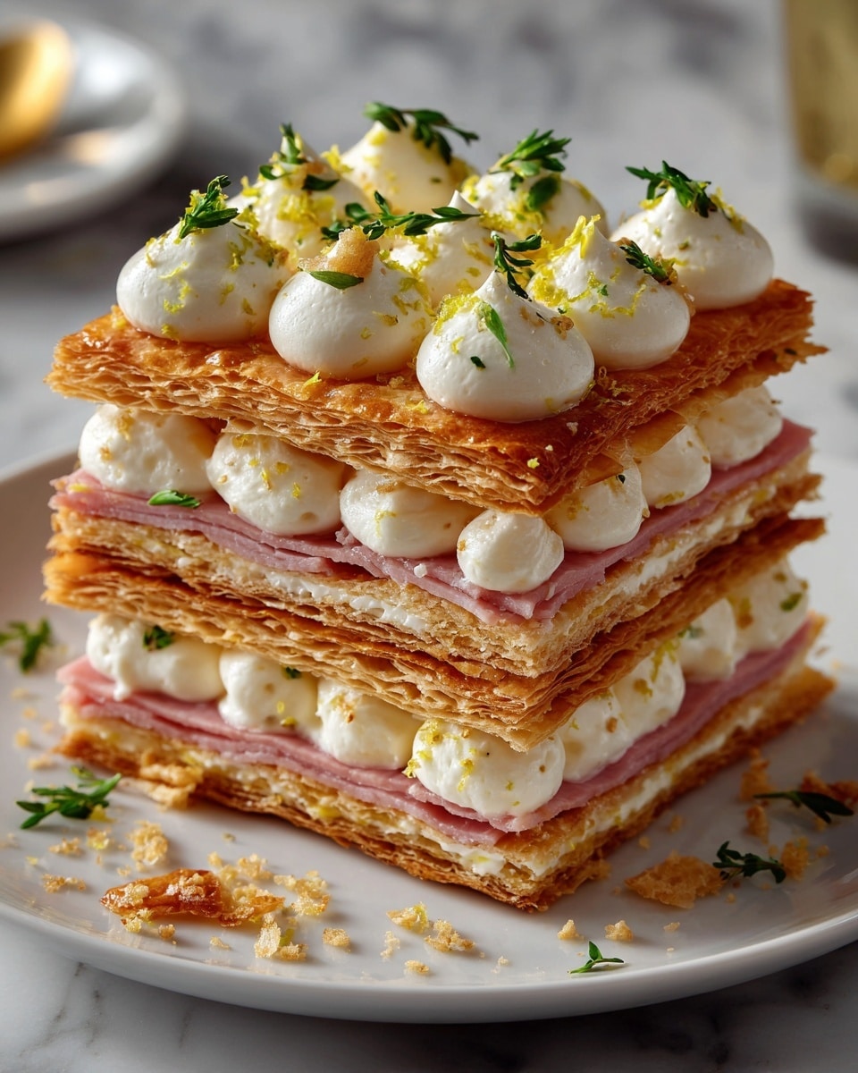 This image shows a tall layered dessert made of three layers of golden brown, crispy puff pastry sheets. Between each puff pastry layer, there is a thick layer of smooth white cream with thin slices of pink ham visible in the middle cream layer. The top pastry layer is covered with evenly spaced dollops of white cream, each topped with small green herb sprigs and tiny yellow zest pieces. The dessert sits on a white plate with some crumbs and zest scattered around it, all placed on a white marbled surface. photo taken with an iphone --ar 4:5 --v 7