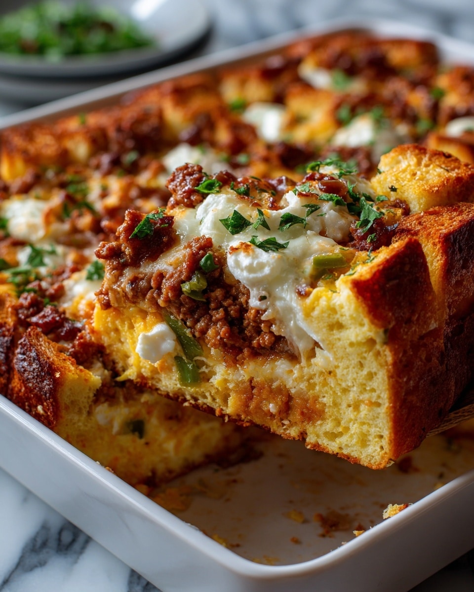 The dish is a baked casserole in a white square baking dish, showing a thick, browned top layer of melted cheese in golden-yellow and white colors mixed with browned, crumbly sausage pieces scattered across. Below the cheese and sausage layer is a soft, light yellow bread or egg mixture, with some green bits mixed in, likely peppers or herbs. The edges of the dish have darker, crispy, golden-brown crust pieces, with a rich, melty texture stretching slightly as a large piece is lifted with a wooden spatula. The whole scene is set on a white marbled surface. Photo taken with an iphone --ar 4:5 --v 7