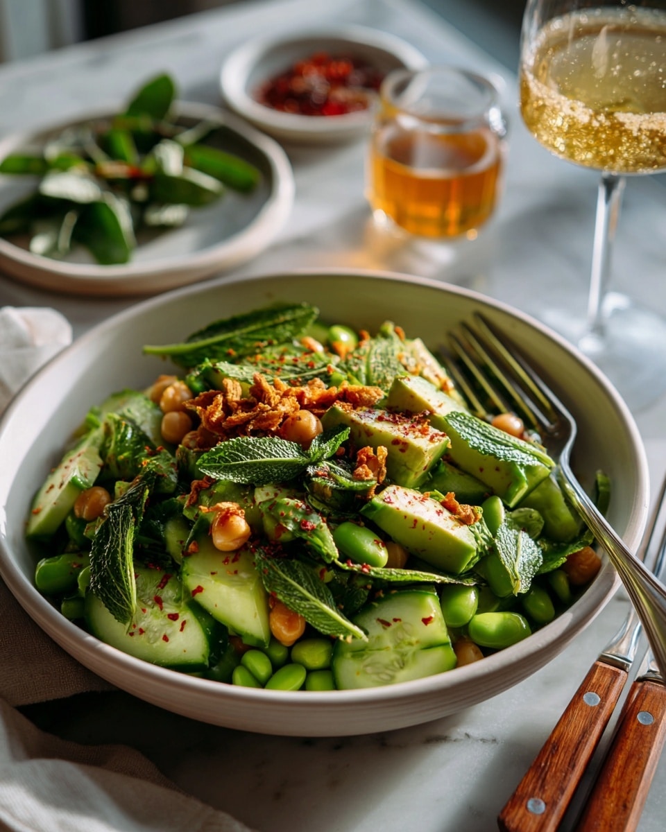 A round white bowl sits on a white marbled surface, filled with a colorful mix of ingredients. At the bottom, a layer of crunchy toasted coconut flakes adds a golden brown texture. Scattered on top are bright green edamame beans and cucumber slices that show their pale green inside and darker green peel. Small pieces of avocado with a creamy, light green color are spread around, along with roasted peanuts that bring a light tan and smooth texture. Fresh green mint leaves are placed on top for a fresh look. The salad is drizzled with a creamy tan dressing, and small red chili flakes add a spicy touch. Nearby, a white plate holds fresh mint sprigs and a small white bowl with red sauce. To one side, a clear glass of sparkling drink with bubbles and a woman's hand holds a fork with a wooden handle. photo taken with an iphone --ar 4:5 --v 7