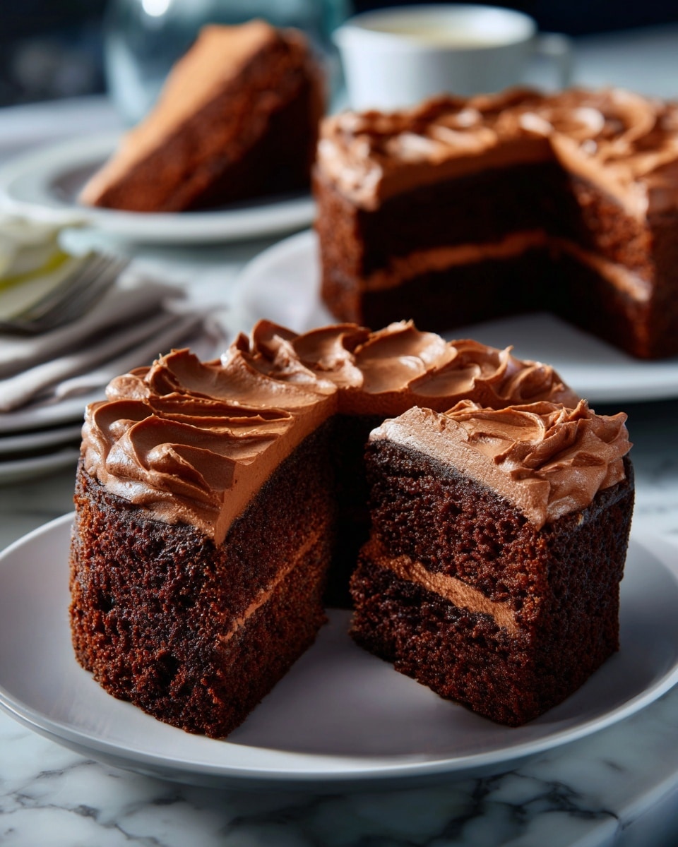 A two-layer chocolate cake with thick, smooth chocolate frosting spread on the top and between the layers. The frosting has a slightly swirled texture, showing soft peaks and gentle waves. One slice is removed, revealing the moist, dark brown cake interior. The cake sits on a round white plate, placed on a white marbled surface. In the background, two slices of the same cake rest on white plates. Photo taken with an iphone --ar 4:5 --v 7