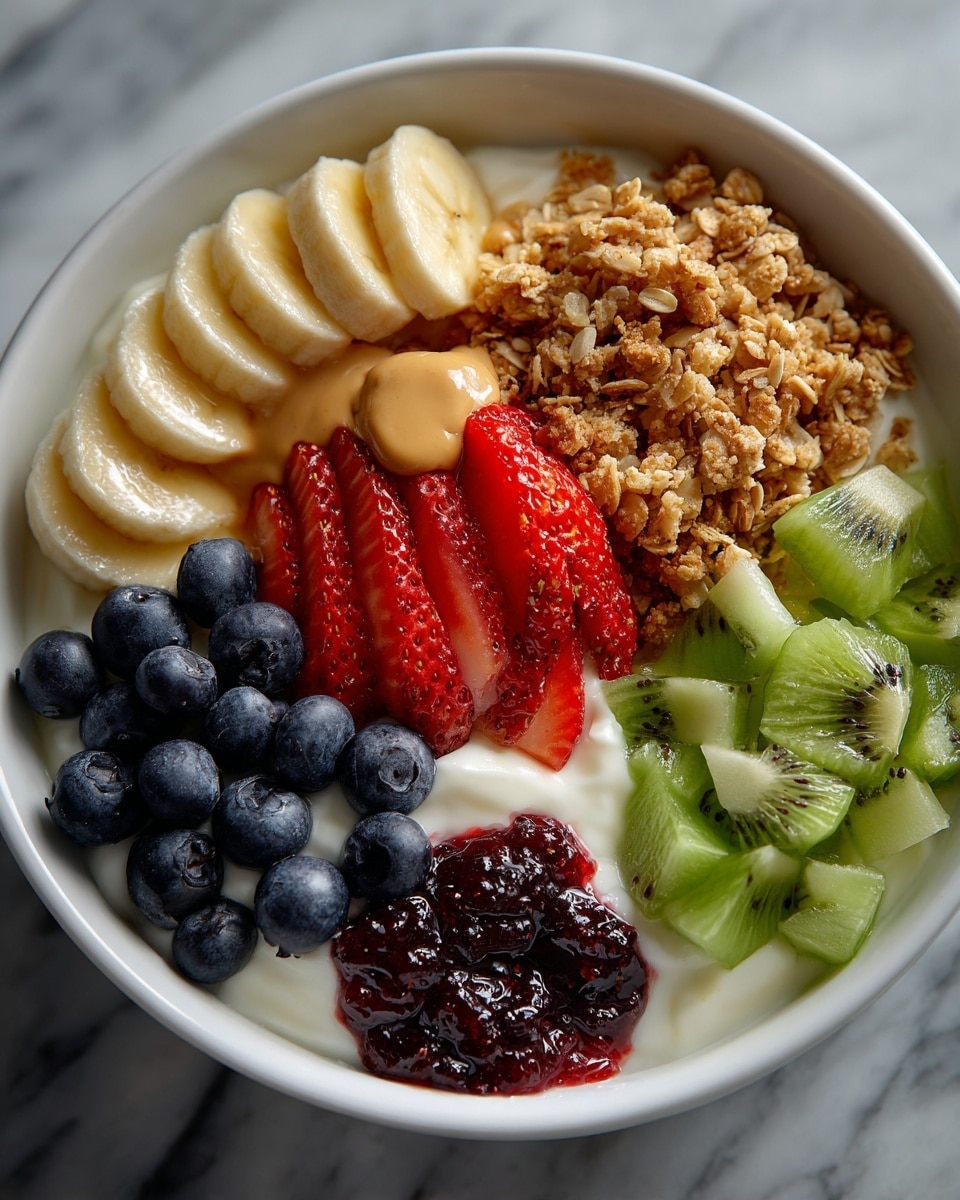 A white bowl is filled with a creamy white yogurt base visible underneath six colorful layers arranged side by side. Starting from the left, there are thin slices of pale yellow banana, followed by a small pile of blue blueberries. Next to them is a scoop of light brown peanut butter sitting on the yogurt. To the right of the peanut butter is a clump of light brown granola with a rough texture. Above the granola, there is a large pile of red sliced strawberries with visible seeds and texture. On the far right, there are small green cubes of kiwi with tiny black seeds. At the bottom right, there is a dollop of dark red berry jam with a shiny surface. All of this rests on a white marbled surface. Photo taken with an iphone --ar 4:5 --v 7