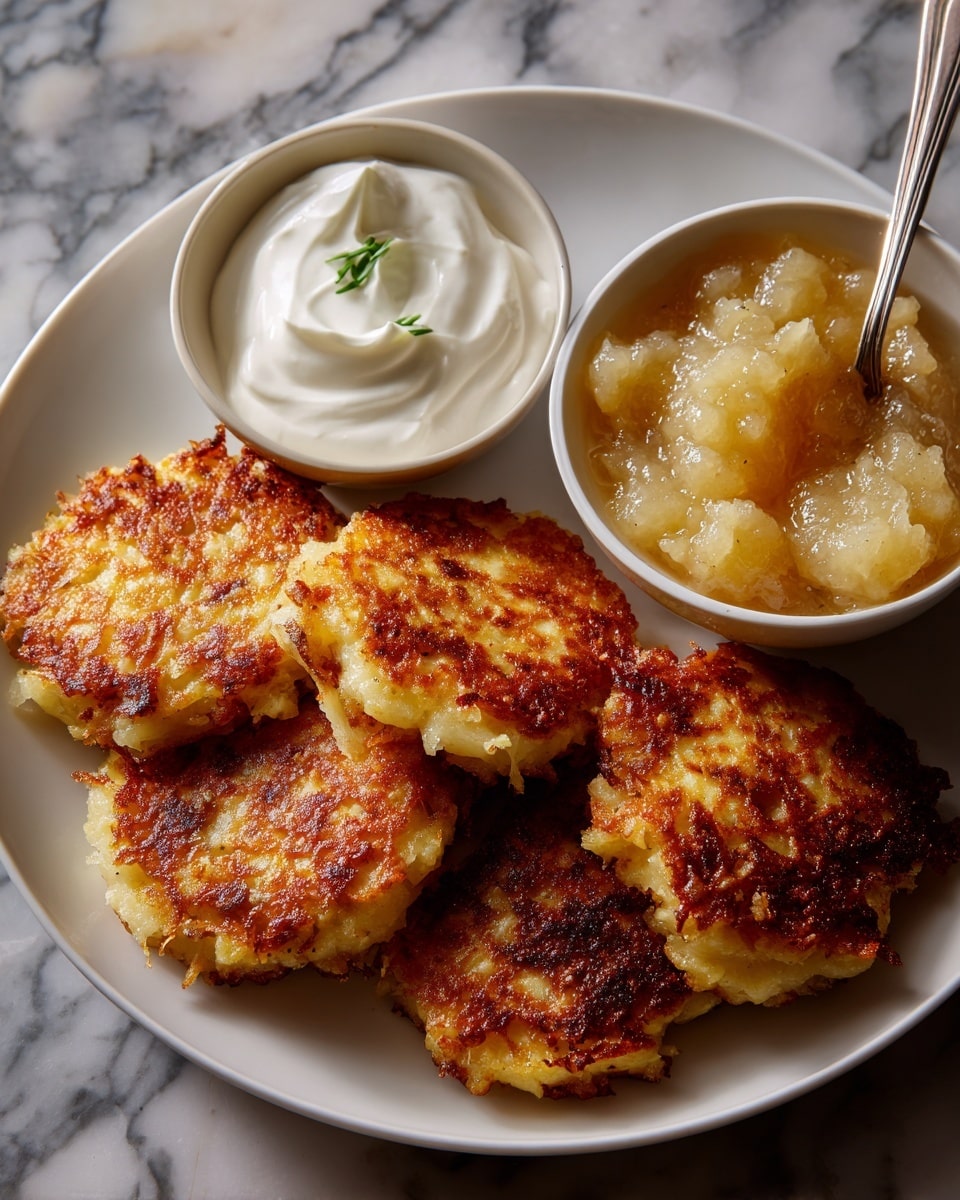 A white plate on a white marbled surface holds five golden-brown potato pancakes with a crisp texture and uneven edges. On the left side of the plate, there is a small white bowl filled with smooth, creamy white sour cream. To the right of the plate, a small white bowl contains chunky yellow applesauce with a spoon resting inside. The colors contrast nicely with the warm tones of the potato pancakes against the clean white dish and background, photo taken with an iphone --ar 4:5 --v 7