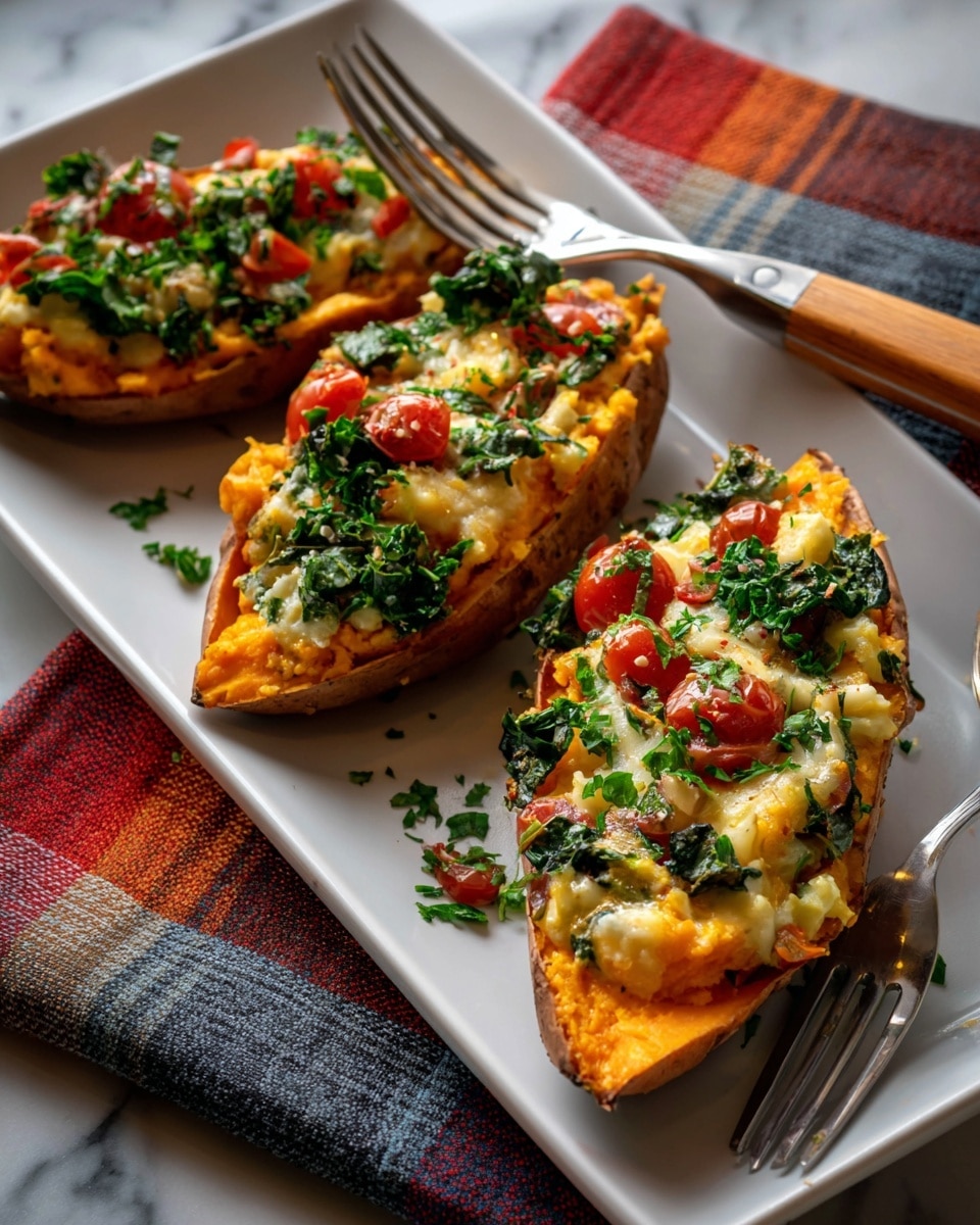 Three orange sweet potato halves are placed side by side on a white rectangular plate with a gentle shine and a small logo on the bottom left corner. Each sweet potato half is filled with a mix of chopped greens, red bell pepper pieces, and melted yellow cheese, creating a colorful and textured topping that looks warm and soft. The plate rests on a folded plaid cloth with orange, yellow, gray, and white stripes, all set on a dark wooden surface. A silver fork with a wooden handle lies across the upper sweet potato, partially touching the filling. In the corners of the image, parts of white round plates are visible, one showing a similar stuffed sweet potato and a dollop of white cream. photo taken with an iphone --ar 4:5 --v 7