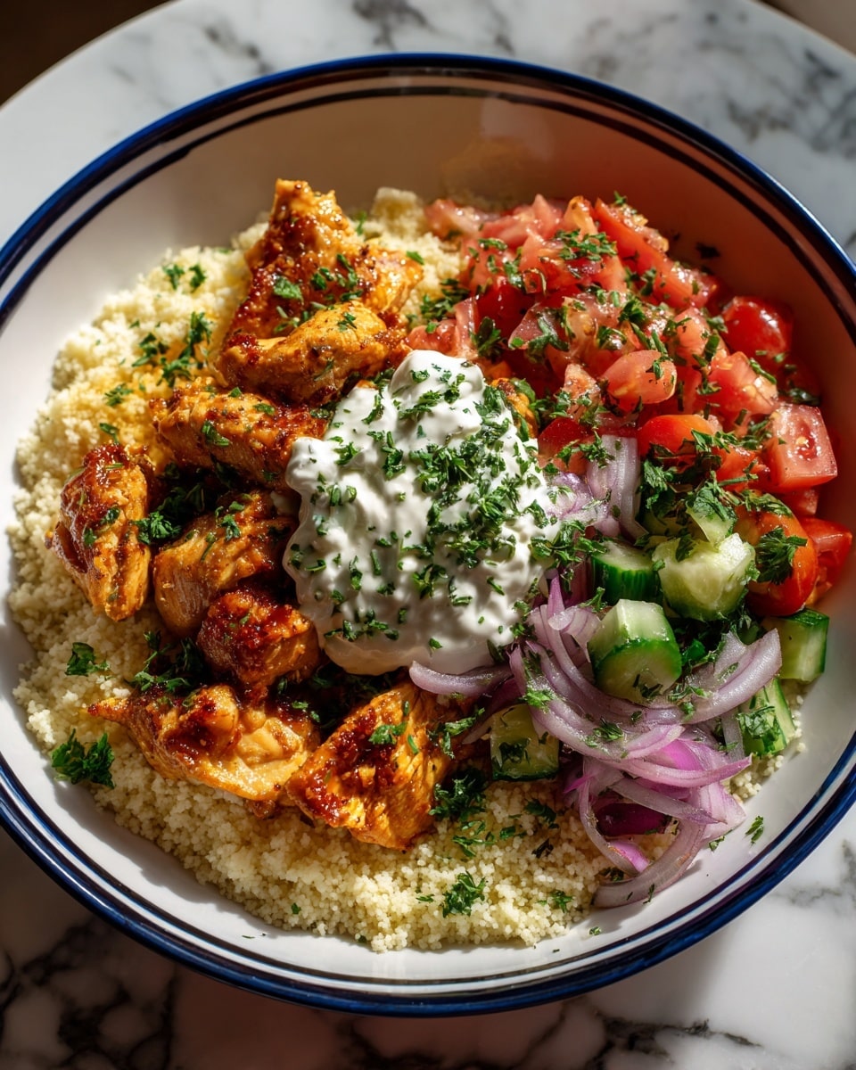 A white bowl with a blue rim is filled with several colorful layers. The bottom layer is white rice. On top of the rice, there are orange-brown spiced pieces of chicken on one side, and chopped fresh cucumber with bright red cherry tomato halves and thin purple onion slices on the other side. In the center of the bowl, there is a dollop of white yogurt sauce sprinkled with green herbs and black pepper. The bowl is placed on a white marbled surface with a wooden fork nearby. Photo taken with an iphone --ar 4:5 --v 7