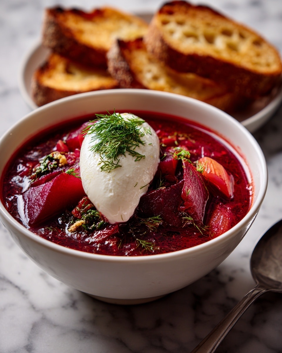A white bowl filled with deep red beet soup that has visible chunks of vegetables and herbs floating throughout. There is a dollop of white sour cream placed slightly off-center on the surface of the soup, topped with small green dill sprigs. The bowl sits on a white marbled surface with two pieces of toasted bread that have a golden brown crust positioned near the bowl. A silver spoon lies next to the bowl, partially visible in the bottom right corner. photo taken with an iphone --ar 4:5 --v 7