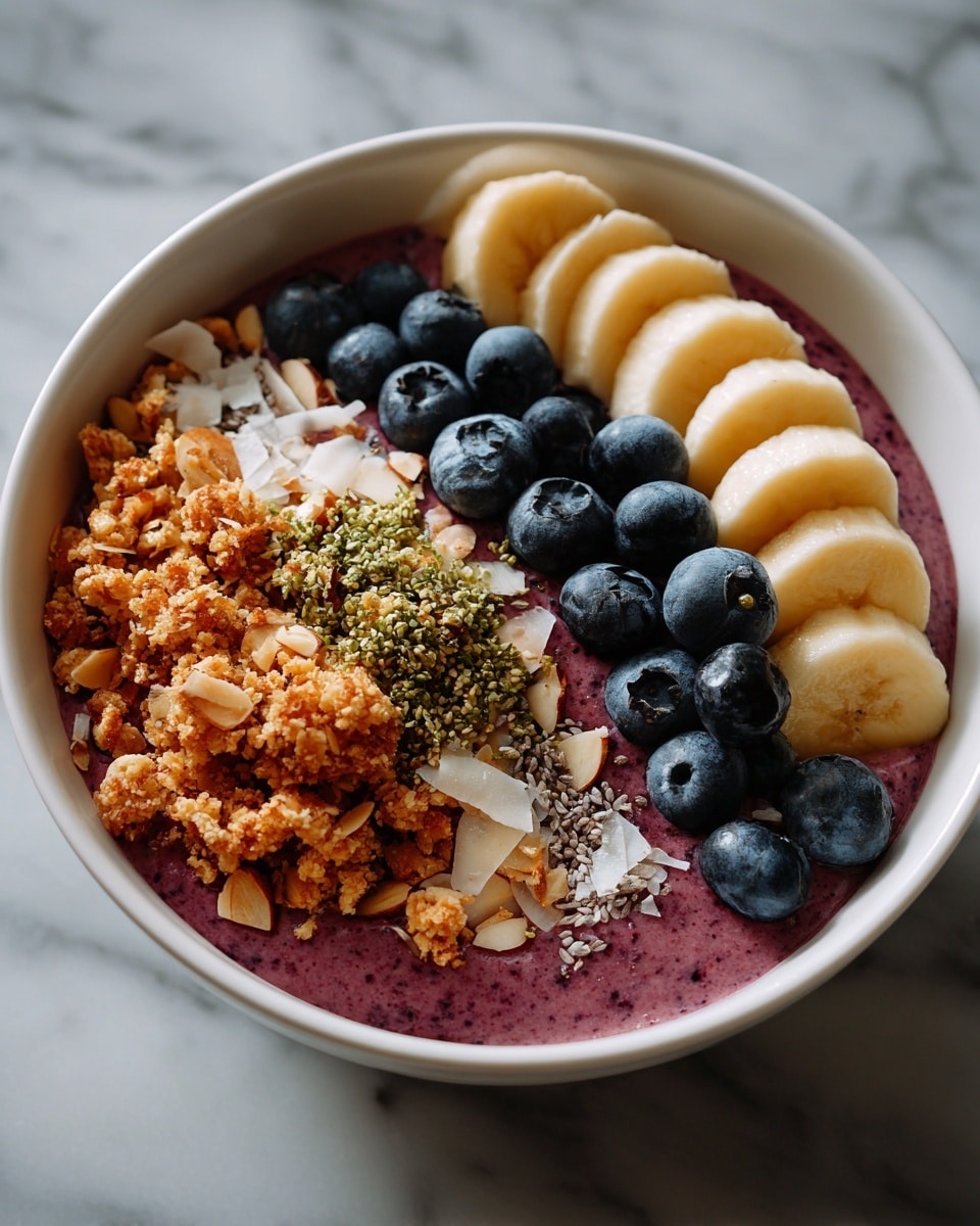 A white bowl holds a thick purple smoothie layer as the base. On top, arranged in three rows from left to right, are diagonal slices of light yellow banana, a cluster of whole dark blue blueberries, and a mix of small light brown oats, beige almond slices, white coconut flakes, and tiny black chia seeds scattered over the smoothie. The bowl sits on a white marbled surface. photo taken with an iphone --ar 4:5 --v 7