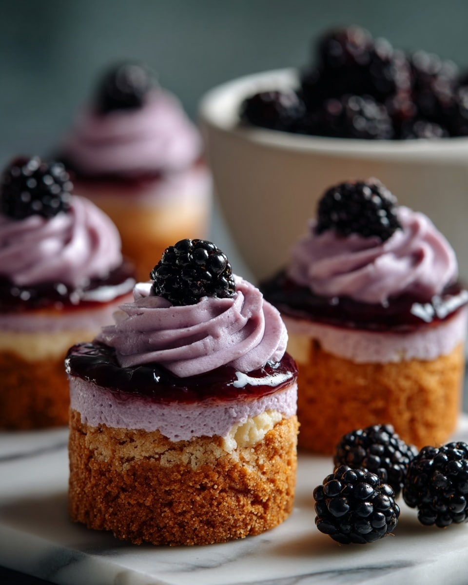 The image shows four mini desserts arranged on a white marbled surface with scattered lavender buds. Each dessert has three layers: a bottom crumbly golden crust, a thick middle layer of purple mousse, and a top layer of dark purple jelly. On top of the jelly is a swirl of light purple whipped cream piped in a flower shape, and each swirl is crowned with a glossy black blackberry. In the background, a white bowl filled with blackberries is slightly out of focus. photo taken with an iphone --ar 4:5 --v 7