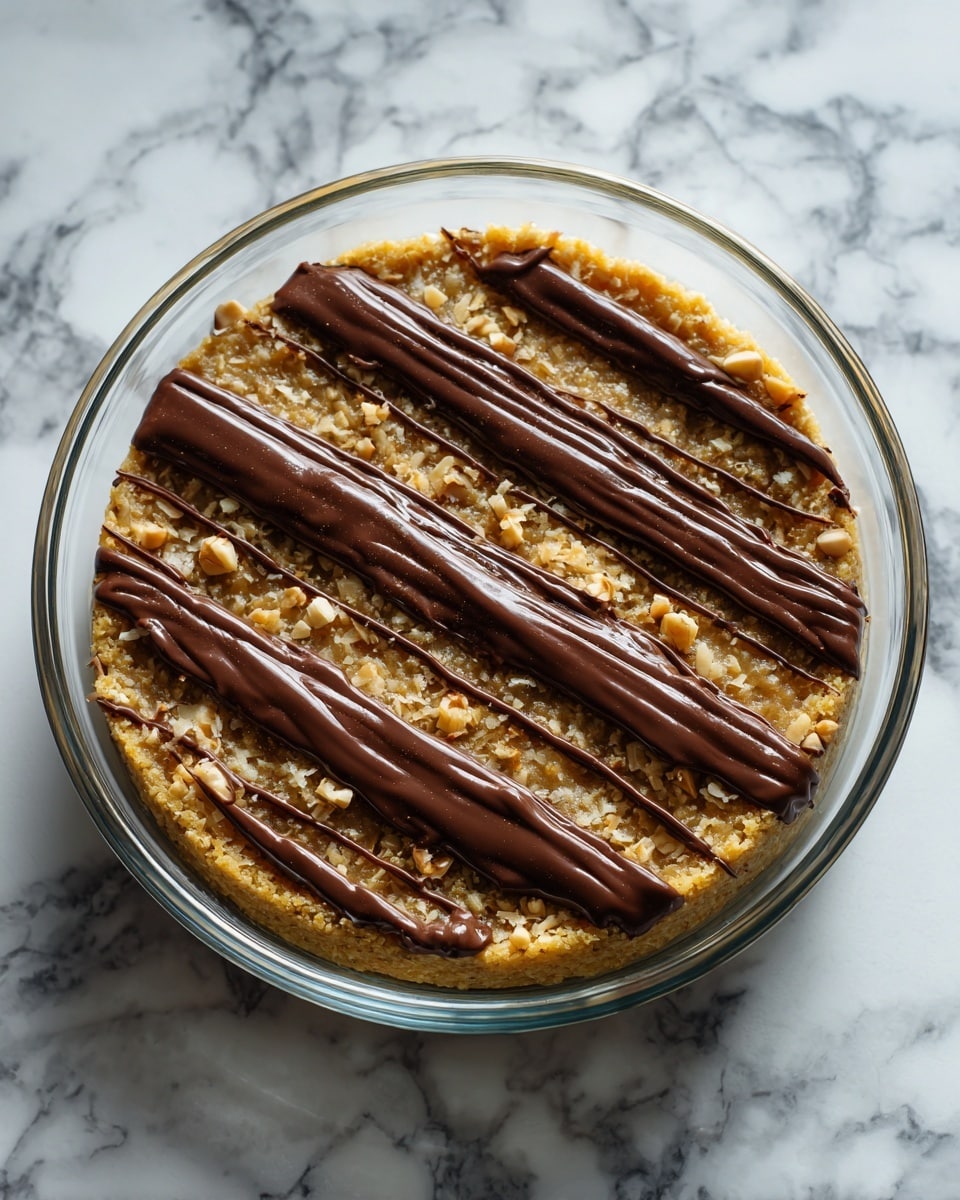 The image shows a close-up of a round glass dish filled with a dessert that has two visible layers. The bottom layer is a golden brown base with a rough and crumbly texture. On top, there is a layer of finely shredded toasted coconut that looks slightly caramelized and sticky. The dessert is decorated with thick, smooth zig-zag lines of dark chocolate spread evenly across the top. The dish is placed on a white marbled surface. Photo taken with an iphone --ar 4:5 --v 7