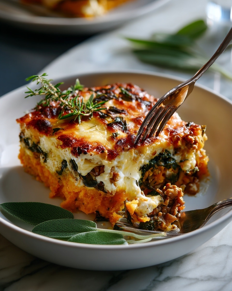 A dish with two layers of golden brown baked pasta on a white plate, topped with melted cheese that is slightly browned and bubbly. The top layer has bright green spinach leaves and melted cheese, with a creamy orange sauce visible between the layers. A silver fork rests on the side of the plate, holding a piece lifted away from the dish. A woman's hand is holding the fork, showing the soft texture of the pasta and sauce. Fresh green basil leaves are placed on the white marbled surface around the plate, adding a touch of color. photo taken with an iphone --ar 4:5 --v 7