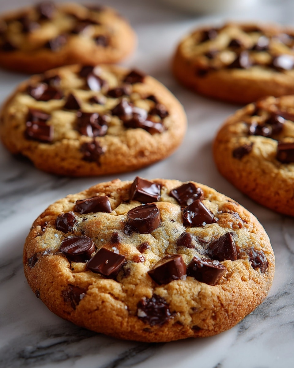 The image shows a close-up of several freshly baked chocolate chip cookies on a white marbled surface. Each cookie has a single thick golden brown layer, with a soft and slightly textured dough base embedded with many glossy dark brown chocolate chips that vary in size. The cookies have a round shape with slightly uneven edges and look warm and chewy. The focus is on the cookie in the center with other cookies blurred softly in the background. photo taken with an iphone --ar 4:5 --v 7