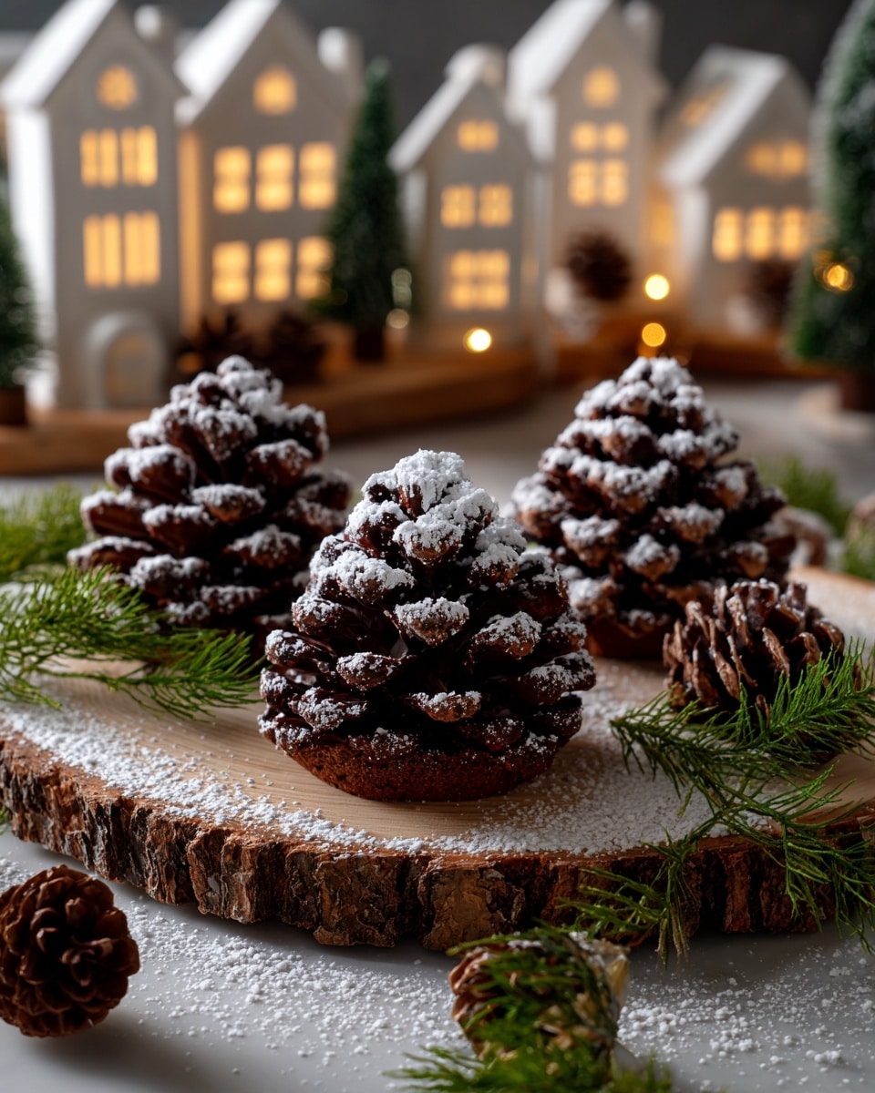 The image shows three dark brown pinecone-shaped treats arranged in a triangle on a round wooden slice with a rough edge. Each treat has a textured surface resembling pinecone scales and is dusted lightly with white powder. Around the wooden slice, there are several natural pinecones, some with a light dusting of white powder, and green pine branches with a frosty look. In the blurred background, there are small white decorative houses with lit windows, adding a warm, cozy feel. The scene is set on a white marbled surface with scattered white powder that looks like snow. photo taken with an iphone --ar 4:5 --v 7