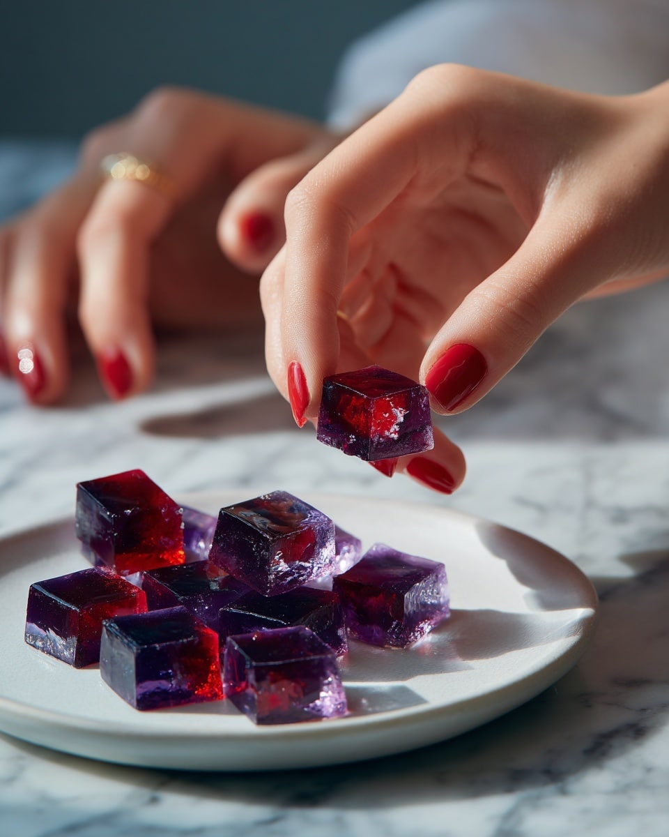 A woman's hand with red polished nails holds a small purple star-shaped jelly piece broken in half, showing a textured pink filling inside; more of these purple star-shaped jelly pieces are scattered on a white plate in the background, all placed on a white marbled surface photo taken with an iphone --ar 4:5 --v 7