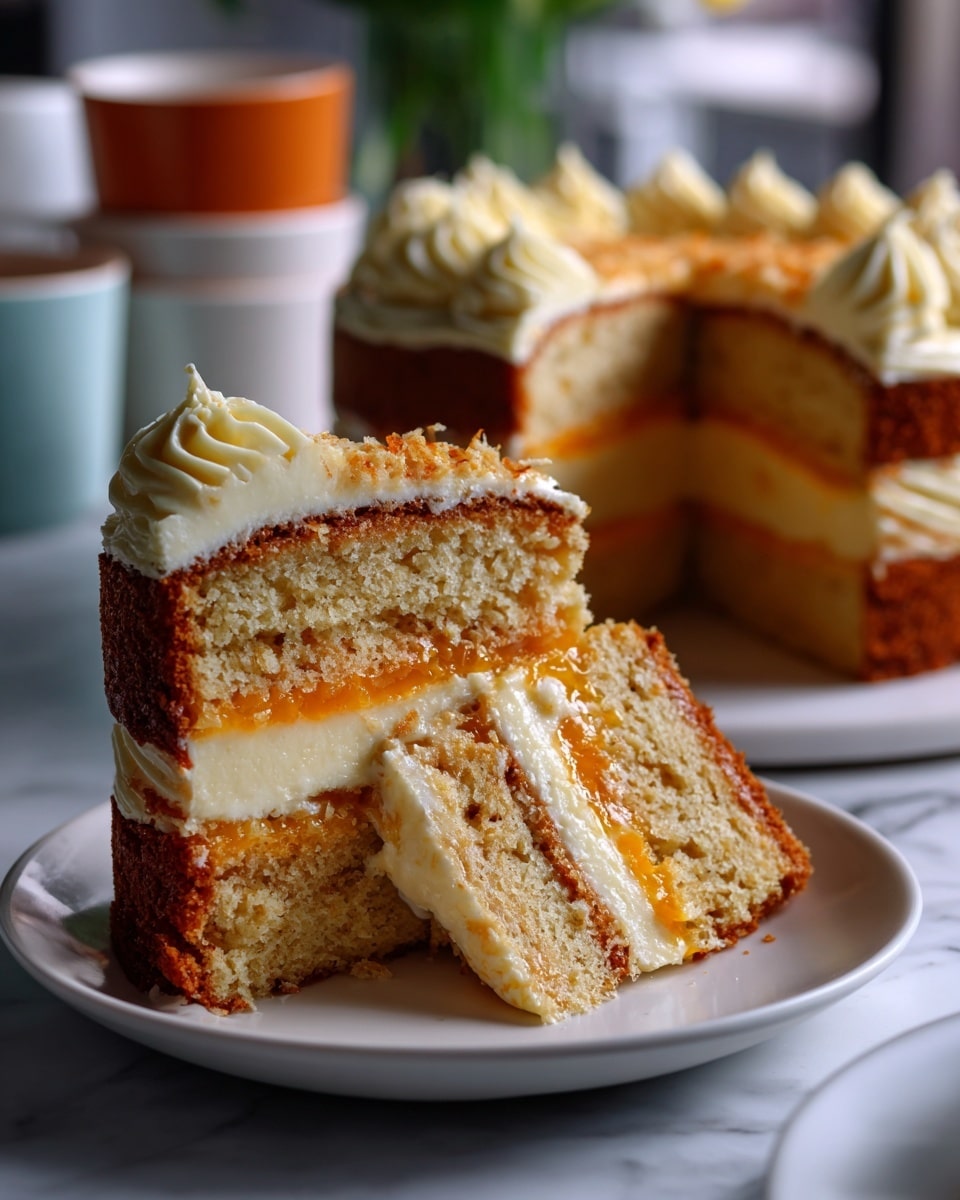 A close-up view of a three-layer orange sponge cake on a white plate showing the inside of the cake where a slice has been taken out. Each of the three layers is light orange with a soft, crumbly texture. Between the layers, there are two thick creams: the bottom cream is pale beige, smooth and creamy, and the middle cream is bright orange, thick and slightly glossy. The entire cake is covered with a pale beige frosting that is slightly textured and spread unevenly on top, with some swirls visible. The cake sits on a white marbled surface with a blurred white container and a small glass jar of bright orange sauce in the background. Photo taken with an iphone --ar 4:5 --v 7