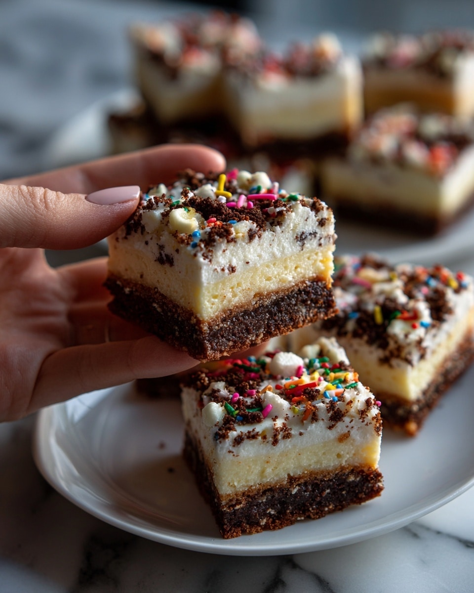 A close-up of a small square dessert held by a woman's hand with colorful nail art, showing three distinct layers: the bottom layer is a dark, crumbly cookie base, the middle layer is a thick, creamy white filling, and the top layer is white with small colorful sprinkles scattered on it. More pieces of the same dessert, each with the same multi-colored sprinkle topping and creamy texture, are placed on a white plate with a white marbled surface in the background. photo taken with an iphone --ar 4:5 --v 7