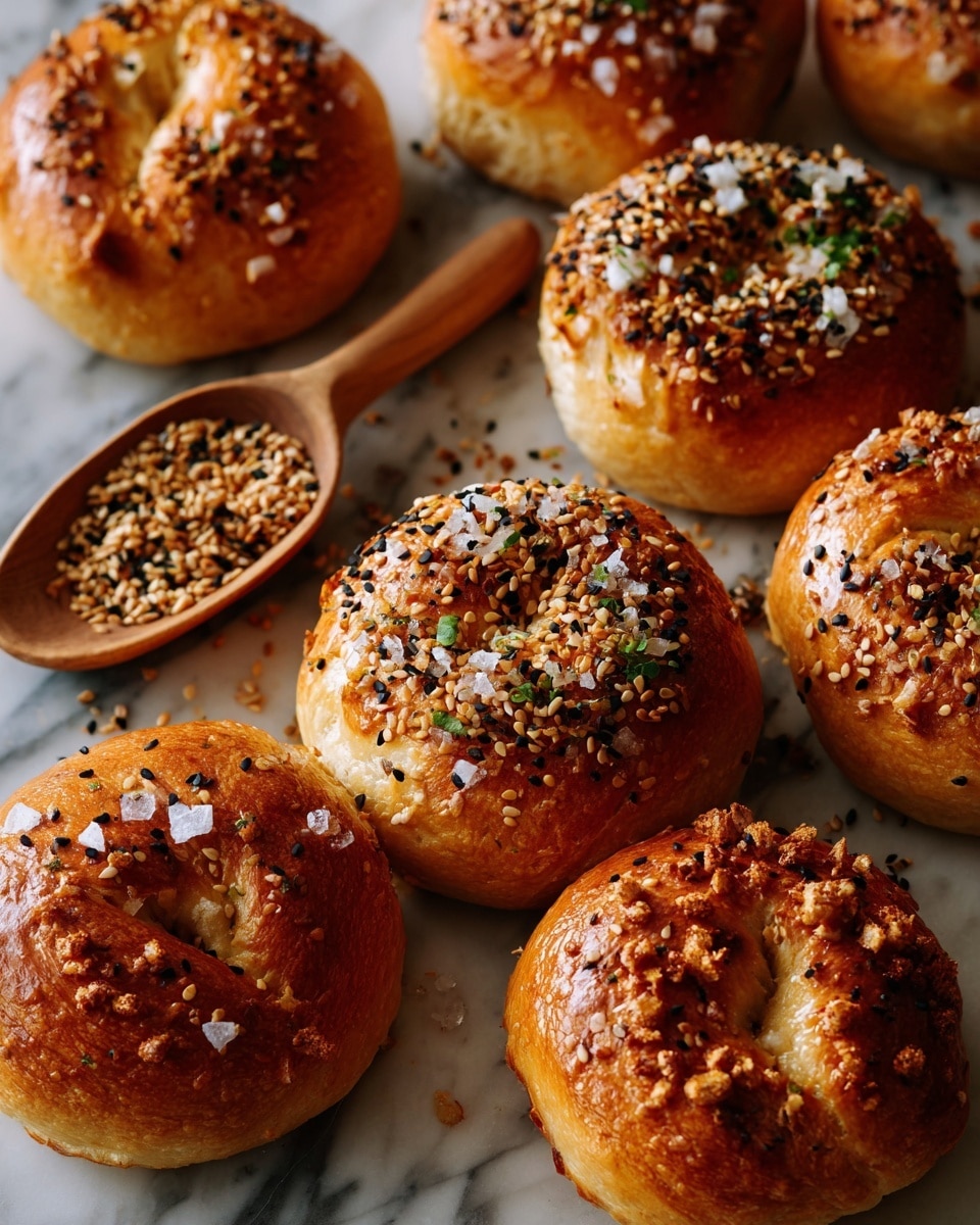 The image shows five golden brown bagels topped with a mix of black and white sesame seeds spread evenly on their shiny, slightly crispy surfaces. The bagels are arranged on a white marbled surface with a wooden spoon filled with more mixed seeds placed to the right side. The bagels have a smooth, slightly puffy texture with small cracks and a soft inside visible around the central holes. photo taken with an iphone --ar 4:5 --v 7
