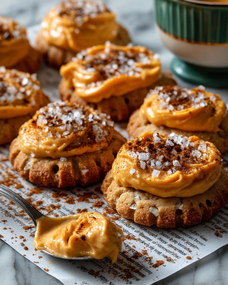 The image shows several round cookies with crimped edges on a surface with printed text. Each cookie has a top layer of smooth orange icing, which looks glossy and slightly thick, covering most of the top surface unevenly. The icing is sprinkled with coarse white sugar crystals and some dark brown powder, adding texture and contrast. Around the cookies is a spoon filled with orange icing, some spilled onto the surface, and a small decorative orange leaf is placed near the cookies. The background is a white marbled texture. photo taken with an iphone --ar 4:5 --v 7