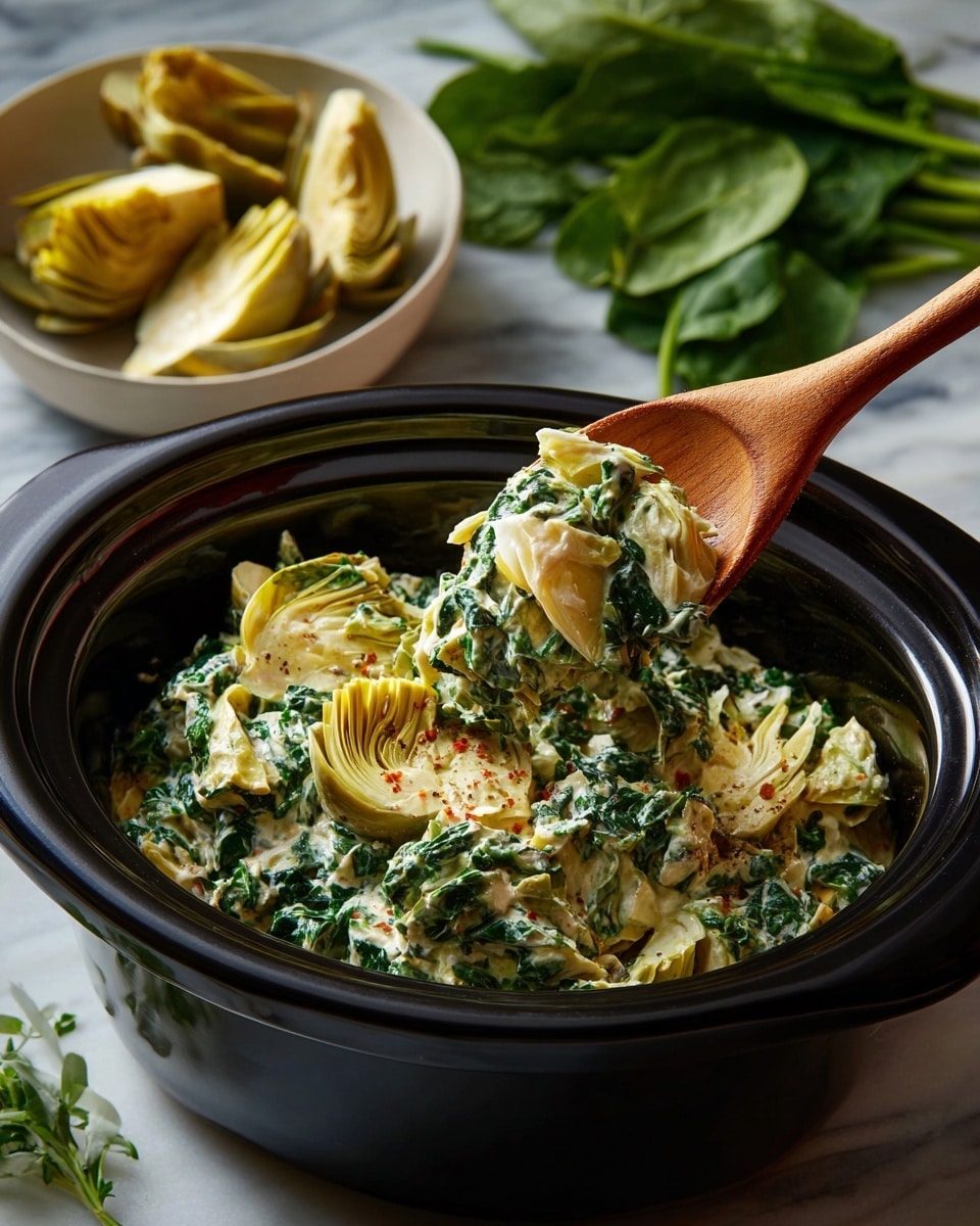 This image shows a black slow cooker filled with a creamy mixture that has green leafy pieces and light yellow chunks. The mixture looks thick and chunky, with visible bits of spinach and artichoke in a creamy white sauce. A wooden spoon is inside the slow cooker, scooping some of the mixture. In the top right corner, a white bowl with whole yellow artichoke pieces is partially visible, and fresh spinach leaves are scattered on a white marbled surface around the cooker. The photo taken with an iphone --ar 4:5 --v 7
