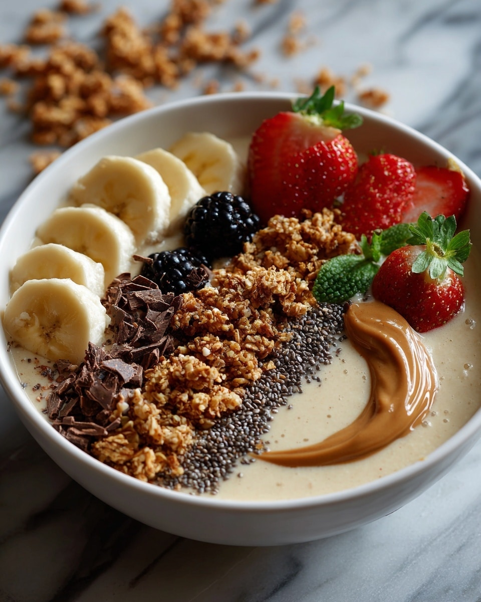 A white bowl filled with light beige smoothie base, topped with a swirl of creamy light brown peanut butter on the left side. On top of the peanut butter swirl, thin banana slices are placed in a small row. To the right of the peanut butter, there is a line of crunchy golden granola and small dark chocolate chunks. Next to the granola are two whole blackberries and two halves of a bright red strawberry with green leaves still attached. On the bottom right edge of the bowl, three more banana slices rest on the smoothie. There are also small black chia seeds sprinkled over the peanut butter, granola, and fruit. The bowl is placed on a white marbled surface with scattered granola bits around it. photo taken with an iphone --ar 4:5 --v 7