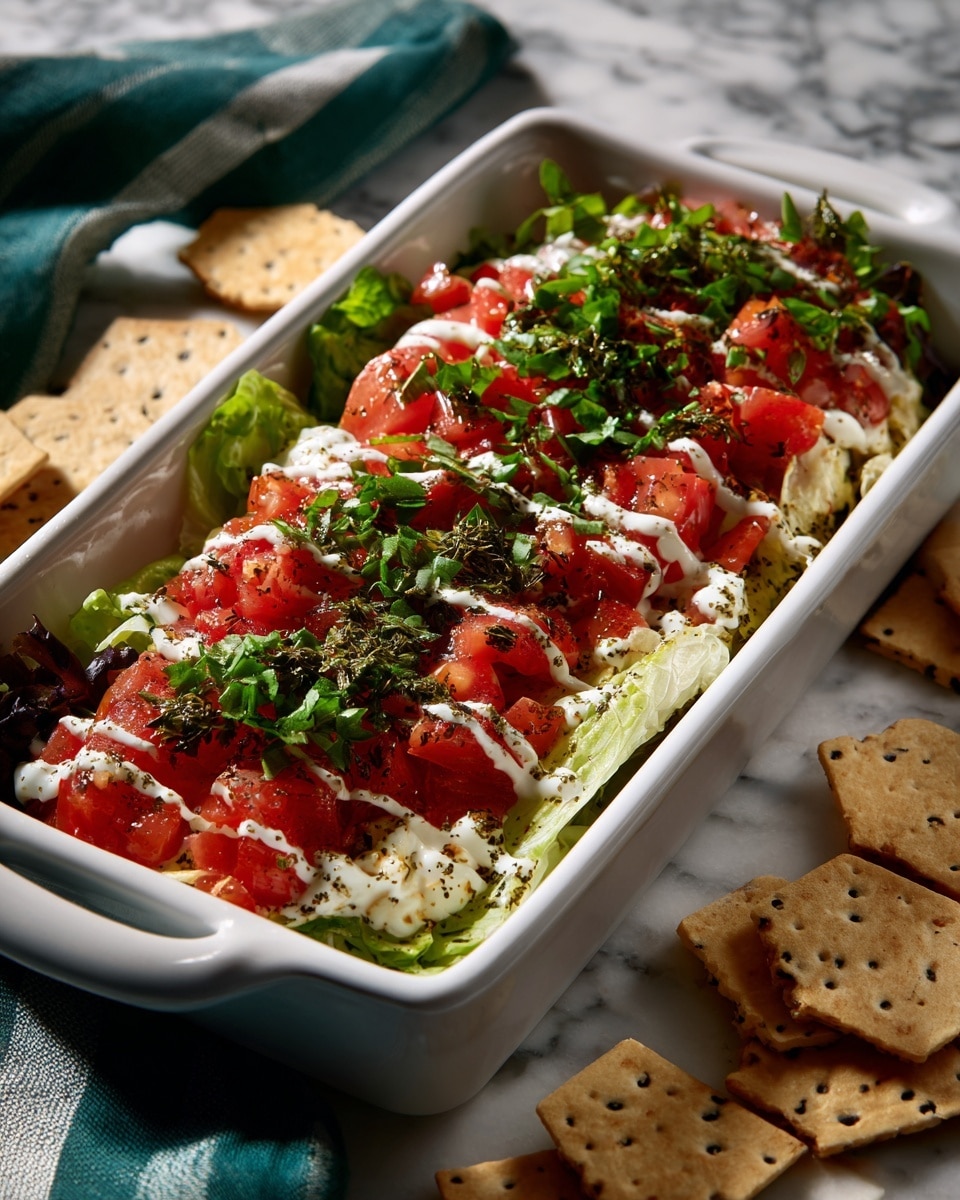 A white baking dish filled with a layered salad starts with a base layer of shredded lettuce, topped with black olives and other hidden ingredients, then a thick layer of bright red chopped tomatoes covers it all. White creamy dressing is drizzled in thin lines over the top in a zigzag pattern, and small green leaves of fresh cilantro are scattered on top for a pop of color. The dish is set on a white marbled surface with a green and white striped cloth partially under the baking dish, and hexagonal cracker chips sprinkled around it. photo taken with an iphone --ar 4:5 --v 7