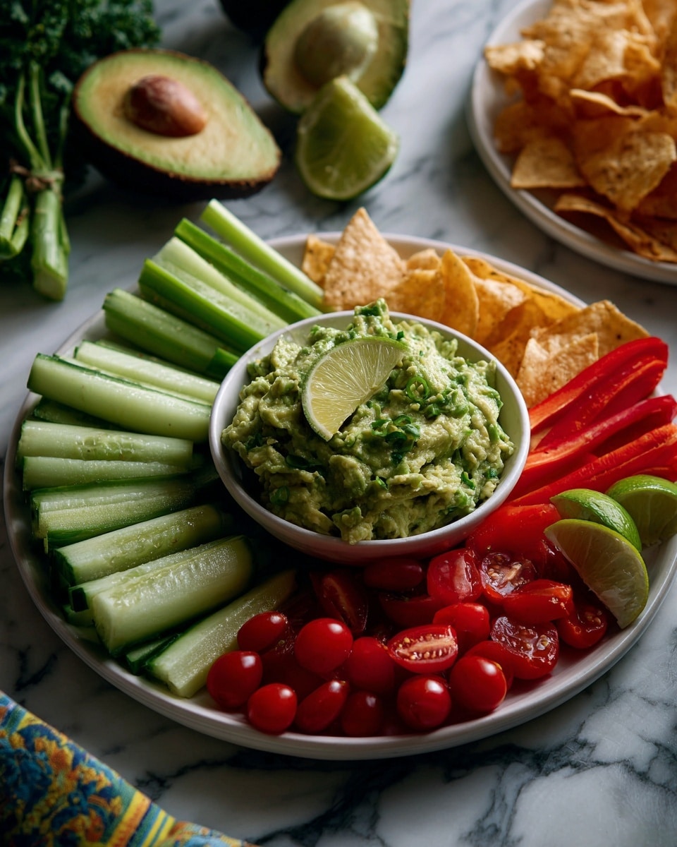 A white plate is filled with colorful fresh vegetables and a bowl of green guacamole in the center. The guacamole is smooth with small chunks, topped with a small lime wedge. Around the bowl, there is a ring of cucumber slices at the bottom, bright red cherry tomatoes on the right, celery sticks at the back right, and red bell pepper strips on the back left. Small lime wedges are placed between the vegetables on the plate. Around the plate on a white marbled surface are halved avocados, lime wedges, and some yellow tortilla chips with a green and blue patterned cloth in the background. Photo taken with an iphone --ar 4:5 --v 7