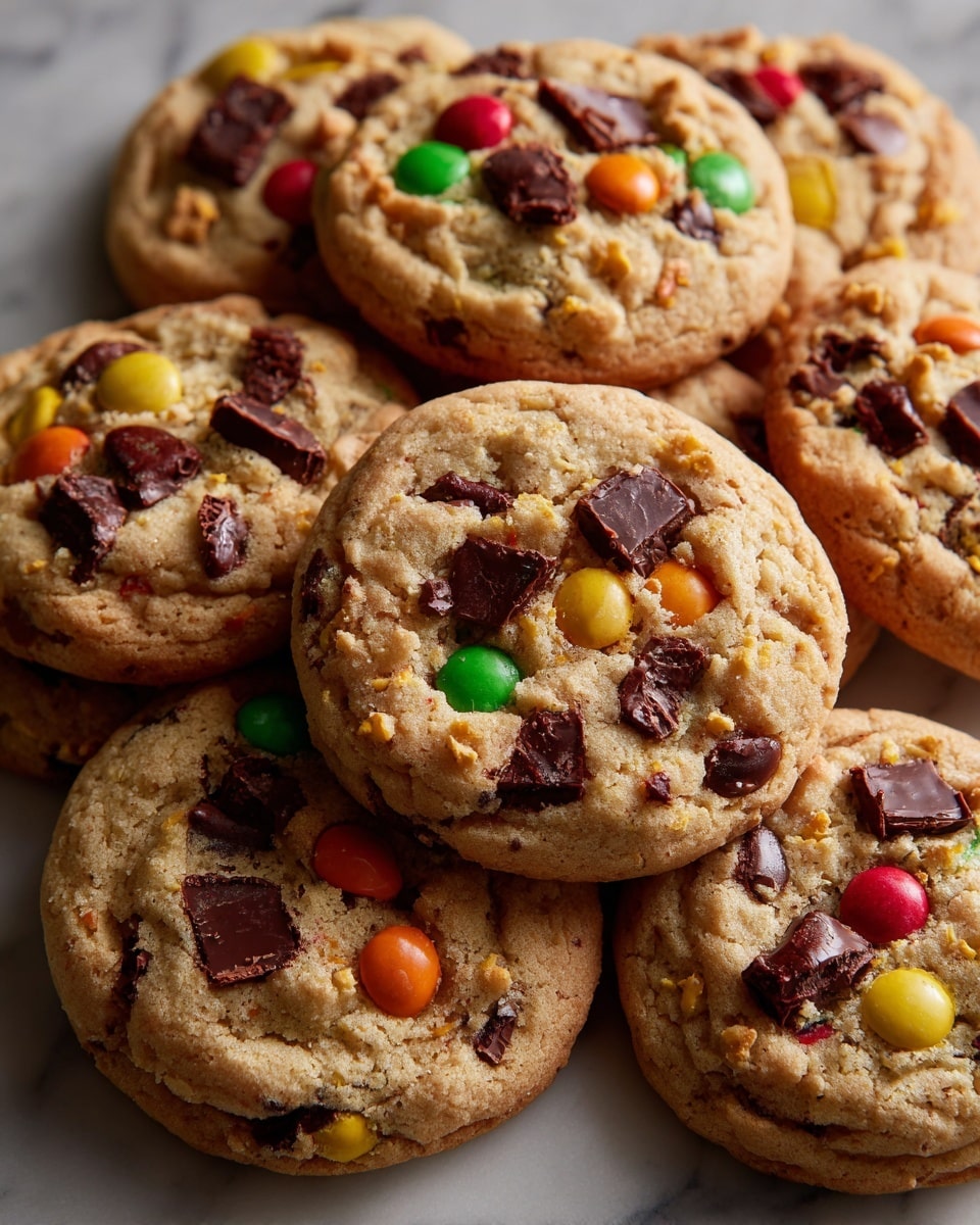 There are eight round cookies placed on a white marbled surface, each cookie having a soft golden-brown base with a slightly crispy edge. On top of the cookies, there are colorful candy-coated chocolate pieces in green, orange, yellow, red, and purple scattered unevenly, along with chunks of dark brown melted chocolate embedded in the dough. The texture of the cookies is slightly bumpy, showing the rich mix of candy and chocolate pieces. The cookies are casually stacked and overlapping, with the focus sharper on the closest cookies and the others softly blurred in the background photo taken with an iphone --ar 4:5 --v 7