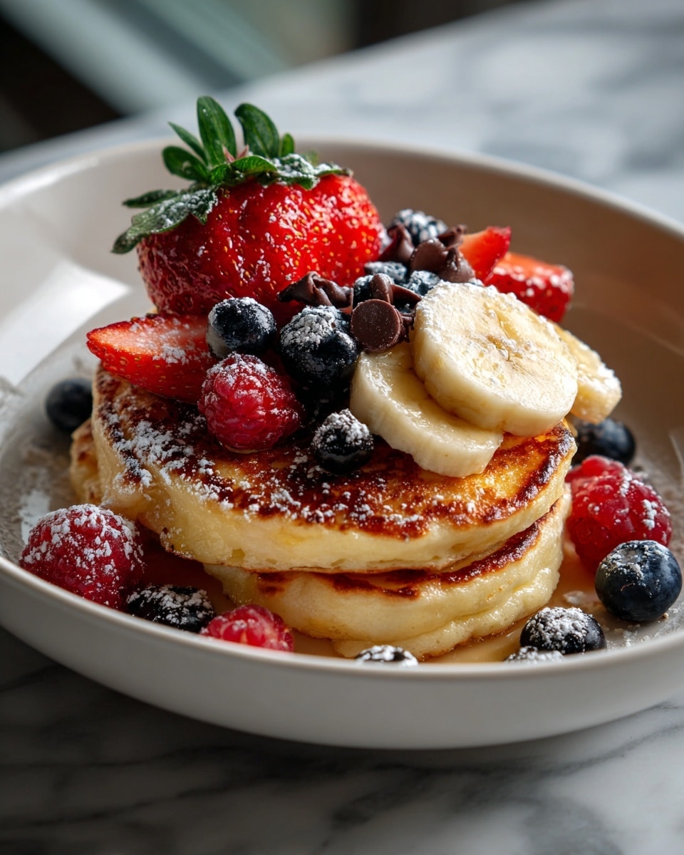 A white bowl filled with a stack of small, golden brown pancakes as the base layer. On top, there are fresh slices of banana, whole blueberries, raspberries, blackberries, and strawberry pieces scattered evenly. Small dark chocolate chips are sprinkled among the fruits. The entire dish is lightly dusted with powdered sugar. The bowl sits on a white marbled surface. photo taken with an iphone --ar 4:5 --v 7