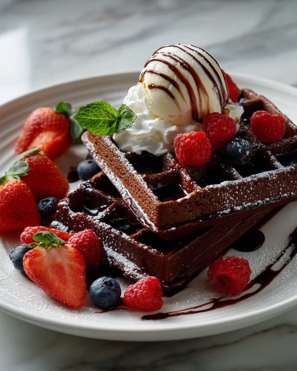 Two stacked, dark brown chocolate waffles sit on a white plate on a white marbled surface. The top waffle is decorated with a mix of fresh berries including whole strawberries, raspberries, and blueberries. A scoop of pale cream vanilla ice cream rests on a dollop of white whipped cream beside the berries. There are thin trails of dark chocolate sauce drizzled over both waffles and the plate. Powdered sugar is lightly dusted over the waffles and fruit. Photo taken with an iphone --ar 4:5 --v 7