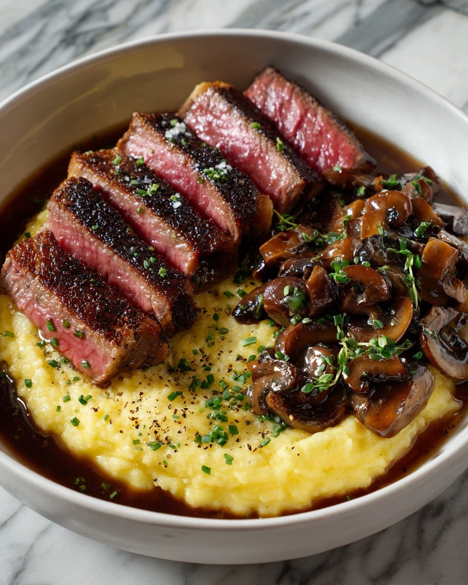 The dish shows three main layers on a white bowl set on a white marbled surface. The bottom layer is mashed potatoes, pale yellow with a creamy texture, spread evenly across the base. On the right side of the potatoes are sautéed sliced mushrooms, medium brown with a shiny glaze and small green herb bits sprinkled on top. Above the mashed potatoes is a row of five thick slices of steak, cooked medium rare with a dark brown crust and pink center, also garnished with fresh green herbs. The whole dish is surrounded by a dark brown sauce pooling at the bottom. Photo taken with an iphone --ar 4:5 --v 7