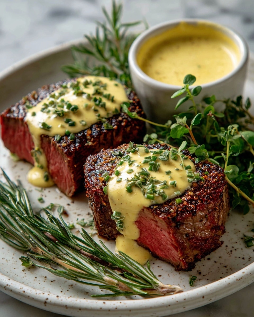 The image shows two thick pieces of medium-rare steak placed on a white plate, each topped with a layer of creamy yellow sauce sprinkled with green herbs. The steaks have a rich brown grilled outer layer with a pink inside, and the sauce slightly drips down the sides. On the plate next to the steaks, there are sprigs of fresh green herbs and a small bowl filled with more sauce. The plate is set on a white marbled surface, giving a clean and elegant look. photo taken with an iphone --ar 4:5 --v 7