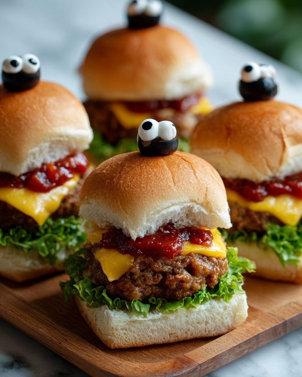 Four small burgers are shown on a wooden board resting on a white marbled surface. Each burger has a bottom layer of light green curly lettuce, followed by a brown grilled patty, then a slice of melted orange cheddar cheese, a thick line of red ketchup, and a golden brown top bun. On top of each bun, two black and white round olive pieces are placed to look like eyes. The background is softly blurred, making the burgers the main focus. photo taken with an iphone --ar 4:5 --v 7