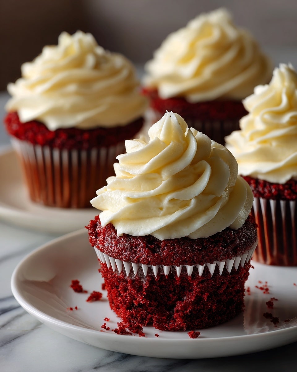 The image shows four red velvet cupcakes on a white plate placed on a white marbled surface. Each cupcake has a dark red base layer with a soft texture, topped with a thick swirl of smooth, creamy white frosting that shines slightly. The frosting is piped in a spiral pattern that rises in height with a pointed peak in the center. The cupcakes are close together, with the focus on the nearest one, making the texture and colors very clear and bright. Photo taken with an iphone --ar 4:5 --v 7