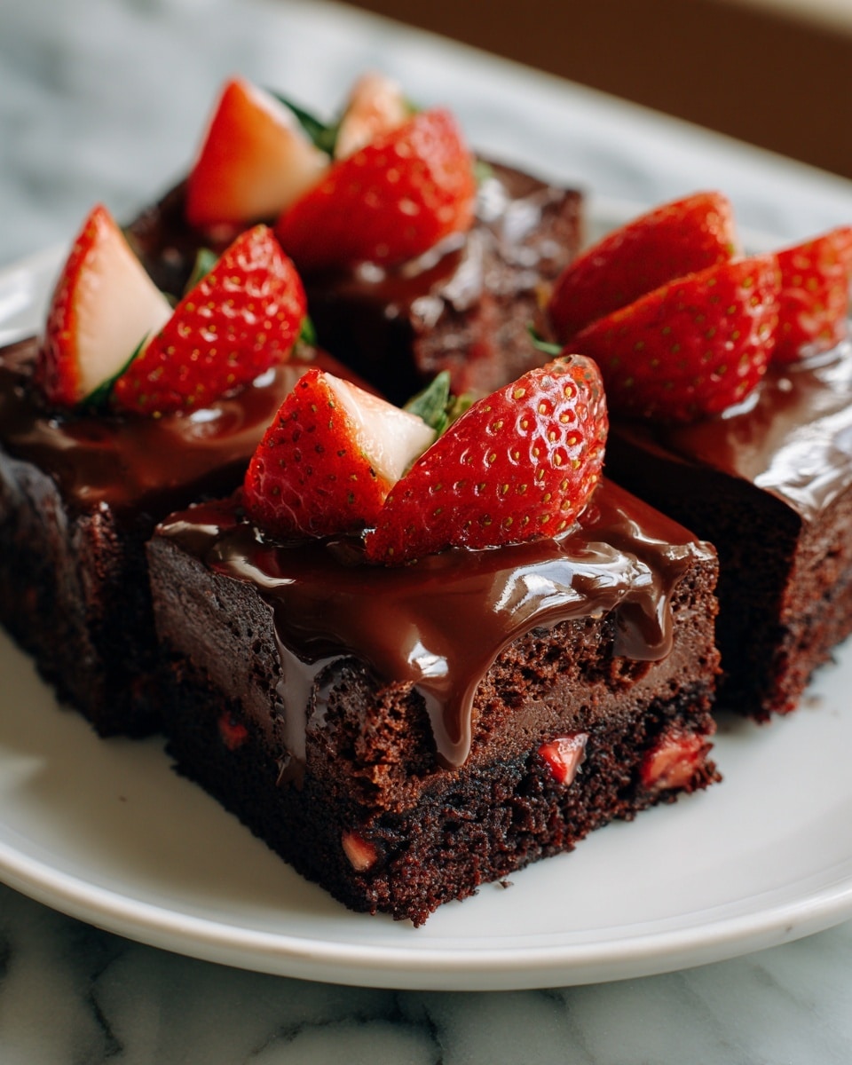 The image shows three square pieces of chocolate cake on a white plate placed on a white marbled surface. Each cake piece has two visible layers: a dense, dark chocolate base with small pieces of bright red strawberries embedded inside, and a top layer of rich chocolate ganache that is drizzled thickly over the edges. On top of each piece, fresh sliced strawberries with green leaves add a fresh red color contrast, with one whole strawberry placed prominently on the closest piece. The surface of the strawberries is shiny and moist, giving a fresh look. Photo taken with an iphone --ar 4:5 --v 7