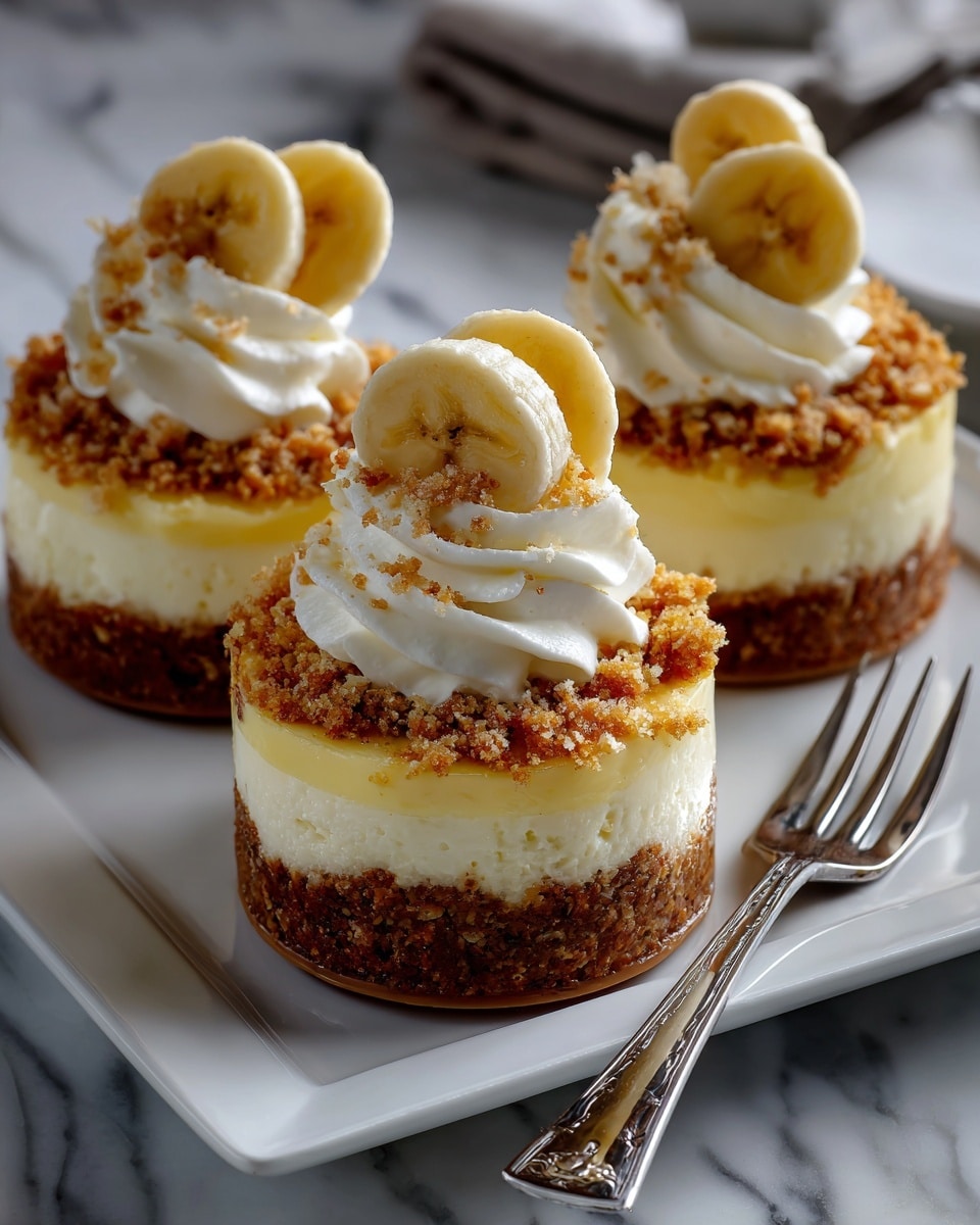 Three small round cheesecakes sit on a white plate with a white marbled texture beneath. Each cheesecake has a thick, crumbly brown base layer, a smooth creamy pale yellow middle layer, and is topped with a swirl of white whipped cream. Crushed golden crumbs are sprinkled on top of the whipped cream, and a slice of banana stands upright in the center of each cake. A silver fork lies next to the plate. Photo taken with an iphone --ar 4:5 --v 7