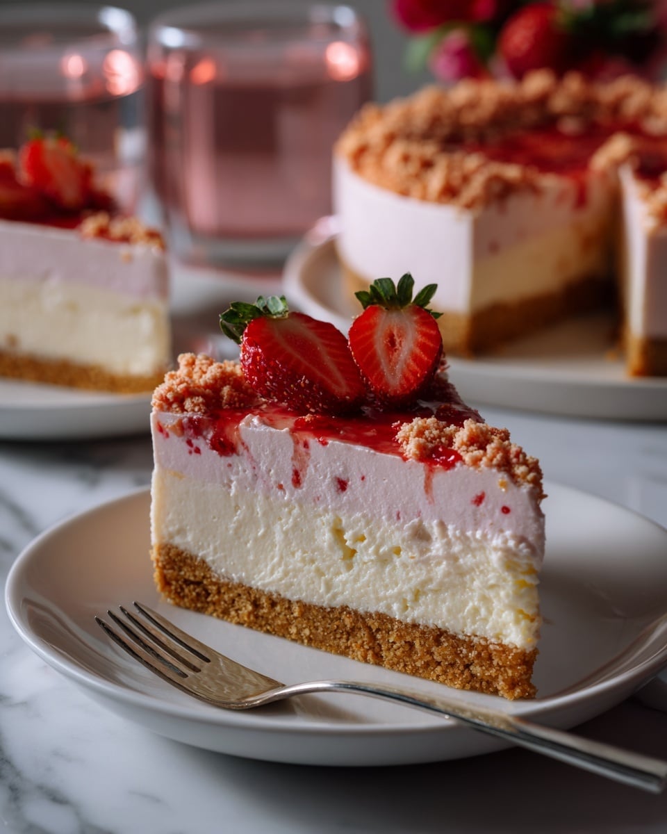 A slice of cake sits on a white plate on a white marbled surface. The cake has three layers: a crumbly brown base, a thick light pink creamy middle layer, and a topping of crushed pink and brown crumbs. On top, two halves of a fresh red strawberry with green leaves are placed as decoration. In the background, a blurred whole cake and two pink glasses are visible. Photo taken with an iphone --ar 4:5 --v 7