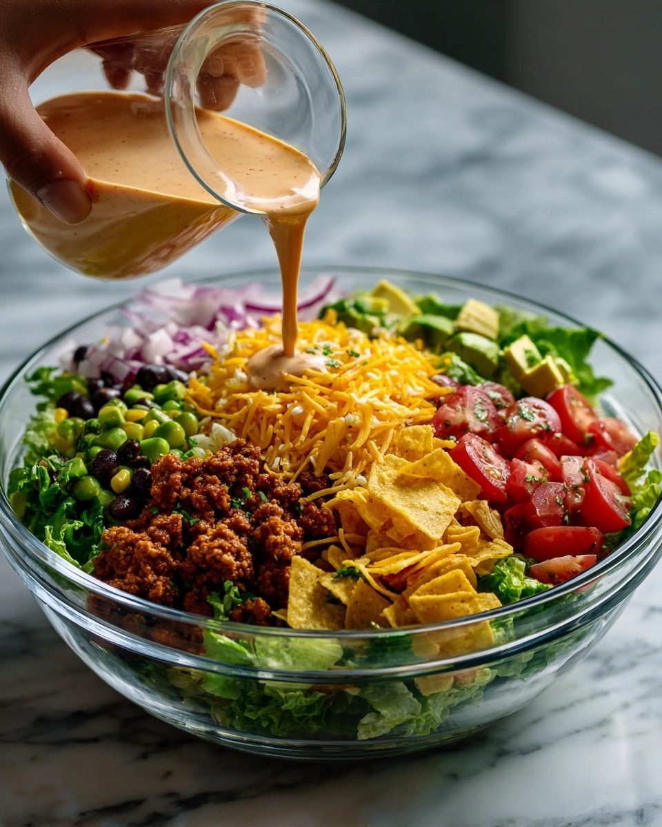 A clear glass bowl filled with a colorful taco salad sits on a white marbled surface. The bottom layer is fresh green lettuce, topped with bright yellow corn kernels and dark red kidney beans. There are chunks of green avocado and red cherry tomatoes scattered throughout. Slices of purple onion and fresh green cilantro add more color. On top, crumbled cooked meat and orange shredded cheese are visible, all covered by large yellow tortilla chips. A creamy light beige dressing is being poured over the salad from a clear jar. photo taken with an iphone --ar 4:5 --v 7