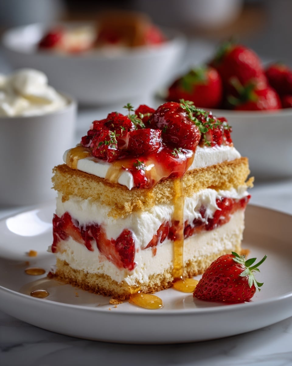 A golden brown biscuit split in half sits on a white plate with ridged edges, layered generously with bright red chopped strawberries and white whipped cream between the two biscuit halves. The strawberries and cream slightly spill out, adding vivid red and white splashes around the base, all set on a white marbled surface. In the background, a white bowl with strawberry pieces and a white bowl with whipped cream are softly blurred. Photo taken with an iphone --ar 4:5 --v 7