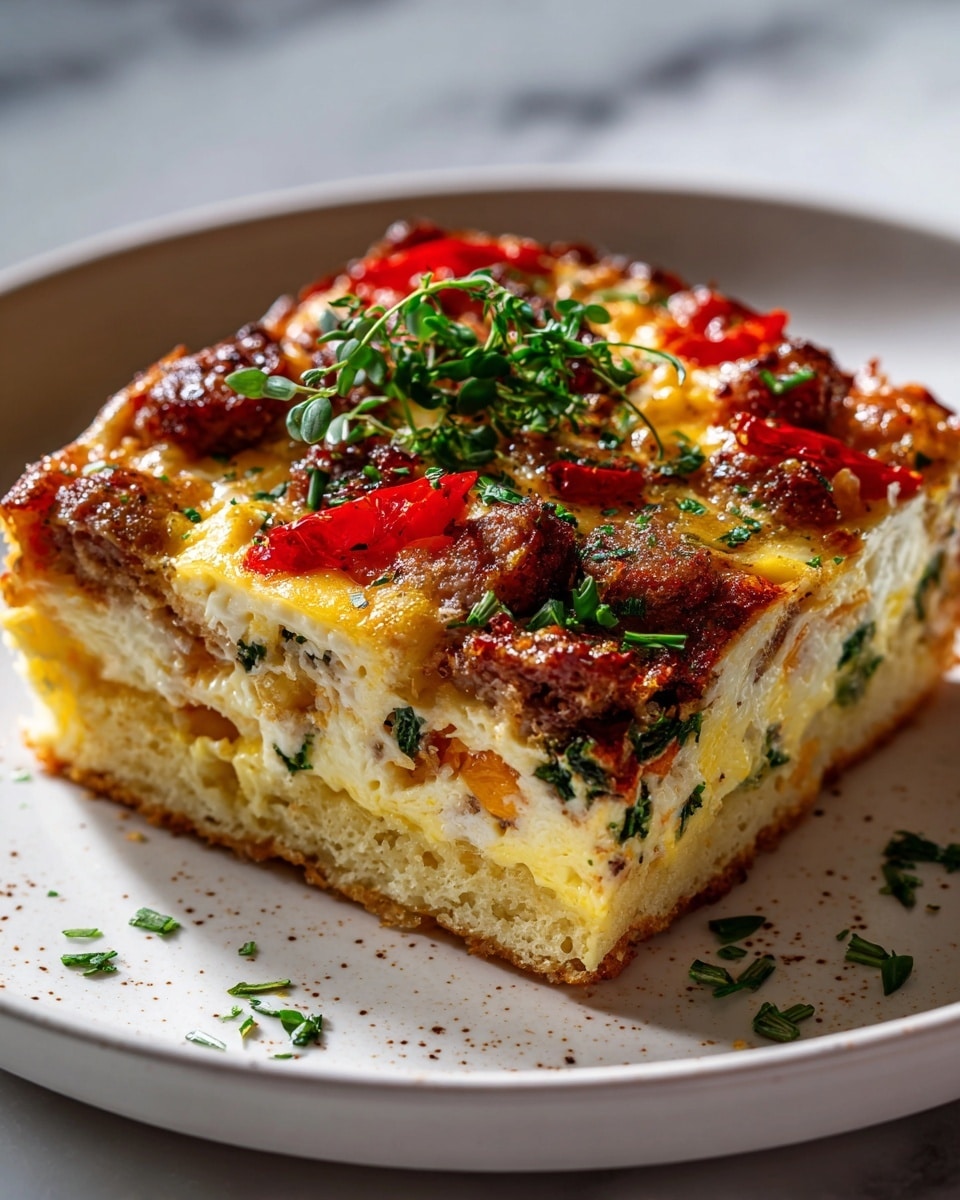 A single thick square slice of casserole sits on a smooth white plate with small dark speckles by the edges, set against a white marbled surface. The dish has three visible layers: the bottom layer is a light yellow, soft and slightly crumbly base, the middle layer is mixed with pieces of cooked sausage in brown tones and diced red bell peppers, giving spots of bright red contrast; the top layer is a melted, slightly browned cheese with stretches of white and yellow, hanging over the sides and dotted with herbs. The overall texture looks soft with gooey cheese, chunky sausage, and tender vegetables, showing a clear and appetizing mix of colors and textures photo taken with an iphone --ar 4:5 --v 7