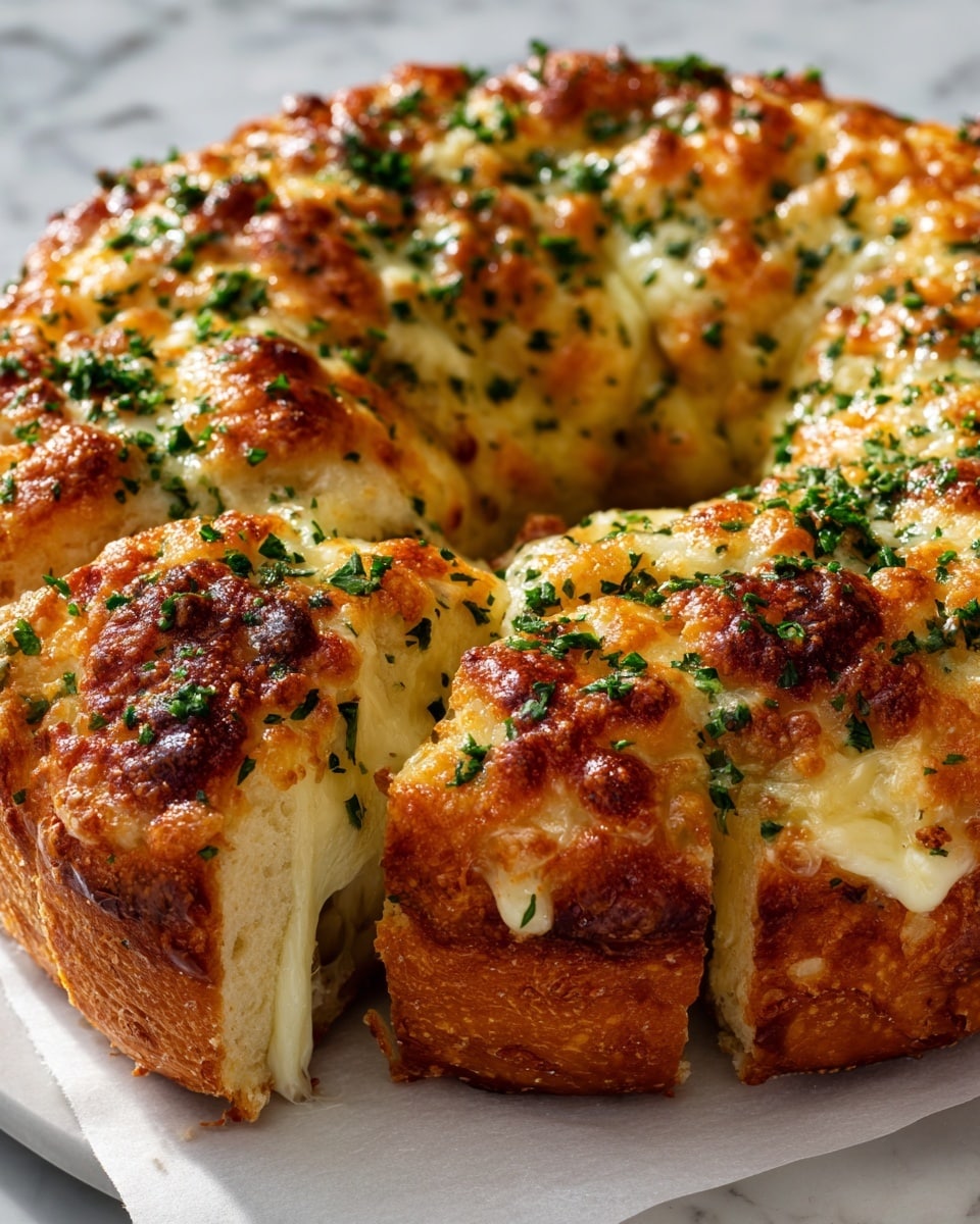 A golden brown ring-shaped bread with a shiny, slightly crispy crust evenly browned on the top and sides. The surface is covered with melted cheese that bubbles and has spots of darker caramelized areas. Small green herb pieces are sprinkled all over the top, adding color contrast against the cheese. The bread is placed on white parchment paper set on a white marbled surface, showing a fresh, warm, and inviting look. photo taken with an iphone --ar 4:5 --v 7