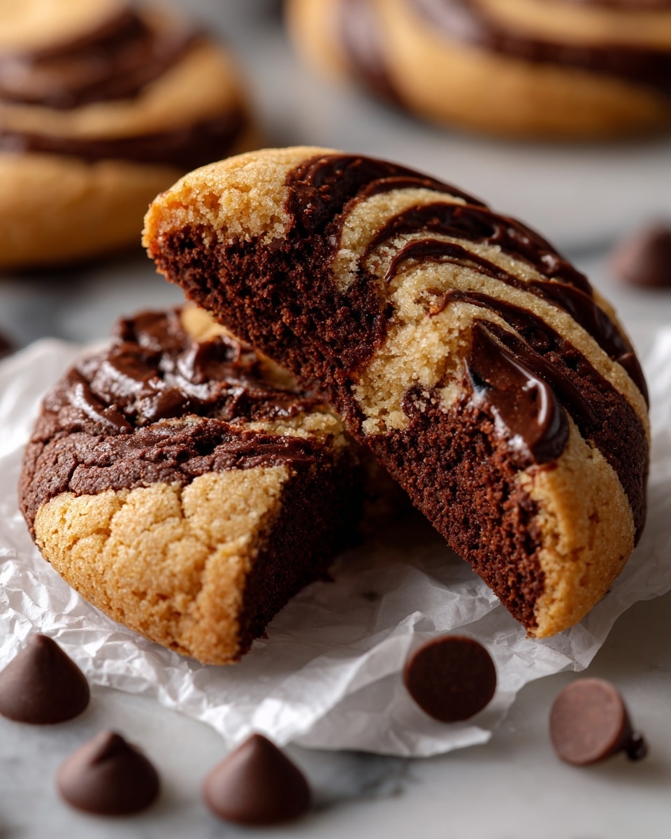 A round cookie with a light beige outer ring and a dark chocolate center, showing a bite taken out of it. The top has swirled layers of light beige dough and dark chocolate in a spiral pattern, creating a striped effect. The cookie sits on crumpled white parchment paper with several dark chocolate chips scattered around. The background is a white marbled texture. Photo taken with an iphone --ar 4:5 --v 7