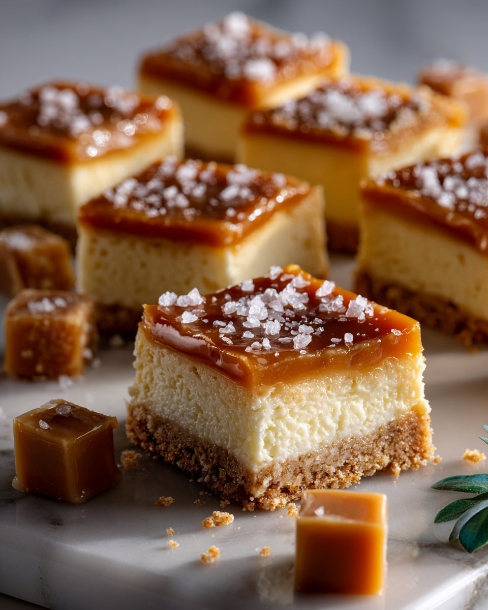 The image shows square caramel cheesecake bars arranged on a white marbled surface. Each bar has three layers: a bottom crumbly brown crust, a middle creamy off-white cheesecake layer, and a top smooth, glossy caramel layer sprinkled with coarse sea salt. Small cubes of caramel candy are scattered nearby, adding a rich golden-brown contrast. The bars are neatly cut, with clean edges and a moist texture visible in the cheesecake layer. Photo taken with an iphone --ar 4:5 --v 7