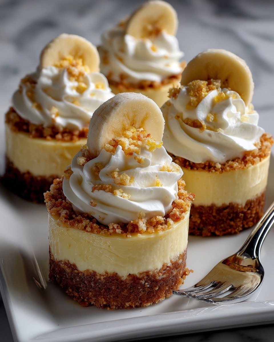 The image shows three small cheesecakes on a white square plate, each with three layers: a textured brown crumbly base, a thick creamy pale yellow cheesecake middle, and a white swirled whipped cream top. On top of the whipped cream, there are golden crumbs sprinkled around a single circular slice of banana standing upright. A silver fork rests on the plate next to the closest cheesecake. The background has a white marbled texture. Photo taken with an iphone --ar 4:5 --v 7