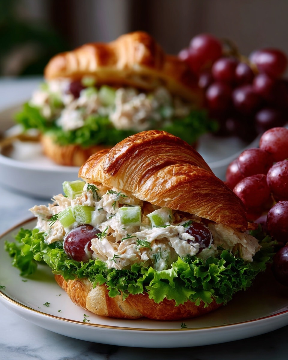 A white plate holds a croissant sandwich with three main layers: the bottom layer is green leafy lettuce, the middle layer is a creamy chicken salad featuring white chicken pieces mixed with light green celery slices and red grapes, and the top layer is a golden, flaky croissant with visible texture and shine. To the left side of the plate, there is a small bunch of dark red grapes. In the background, slightly out of focus, there are two more croissant sandwiches on white plates atop a white marbled surface. Photo taken with an iphone --ar 4:5 --v 7
